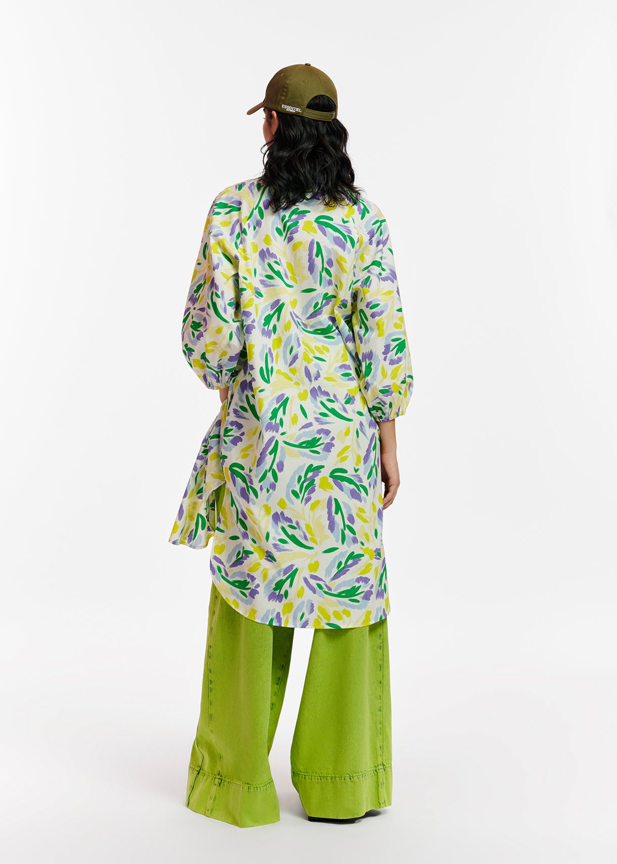 White, yellow and purple knee-length shirt dress with floral print RE—SSENTIEL | Essentiel second hand