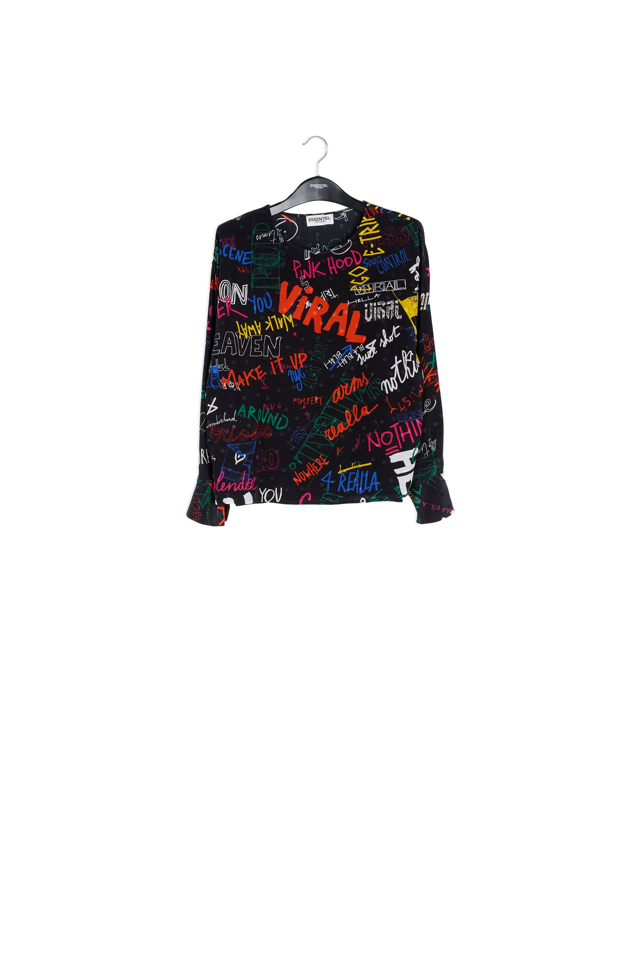 Black silk top with colorful tekst print RE—SSENTIEL | Essentiel second hand