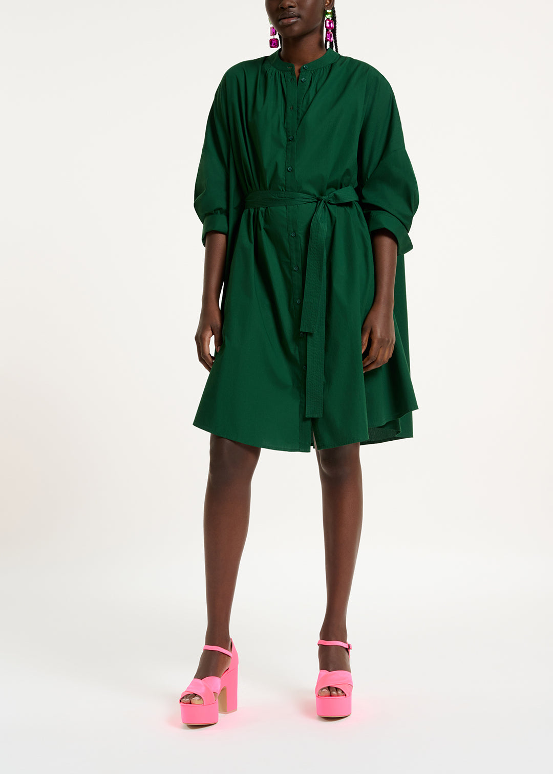 Dark green cotton oversized knee-length shirt dress RE—SSENTIEL | Essentiel second hand