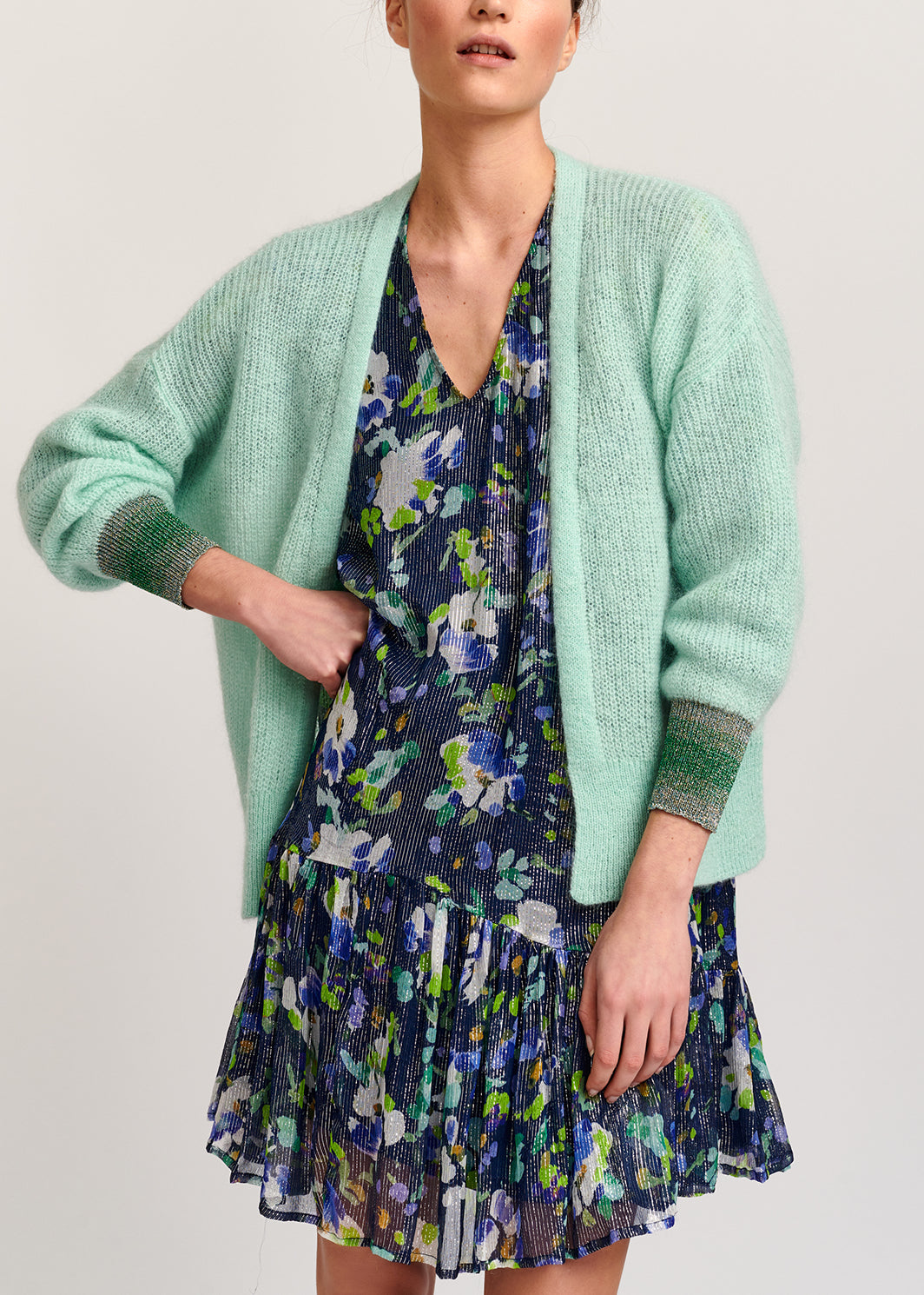 Mint green mohair-blend cardigan with metallic cuffs RE—SSENTIEL | Essentiel second hand