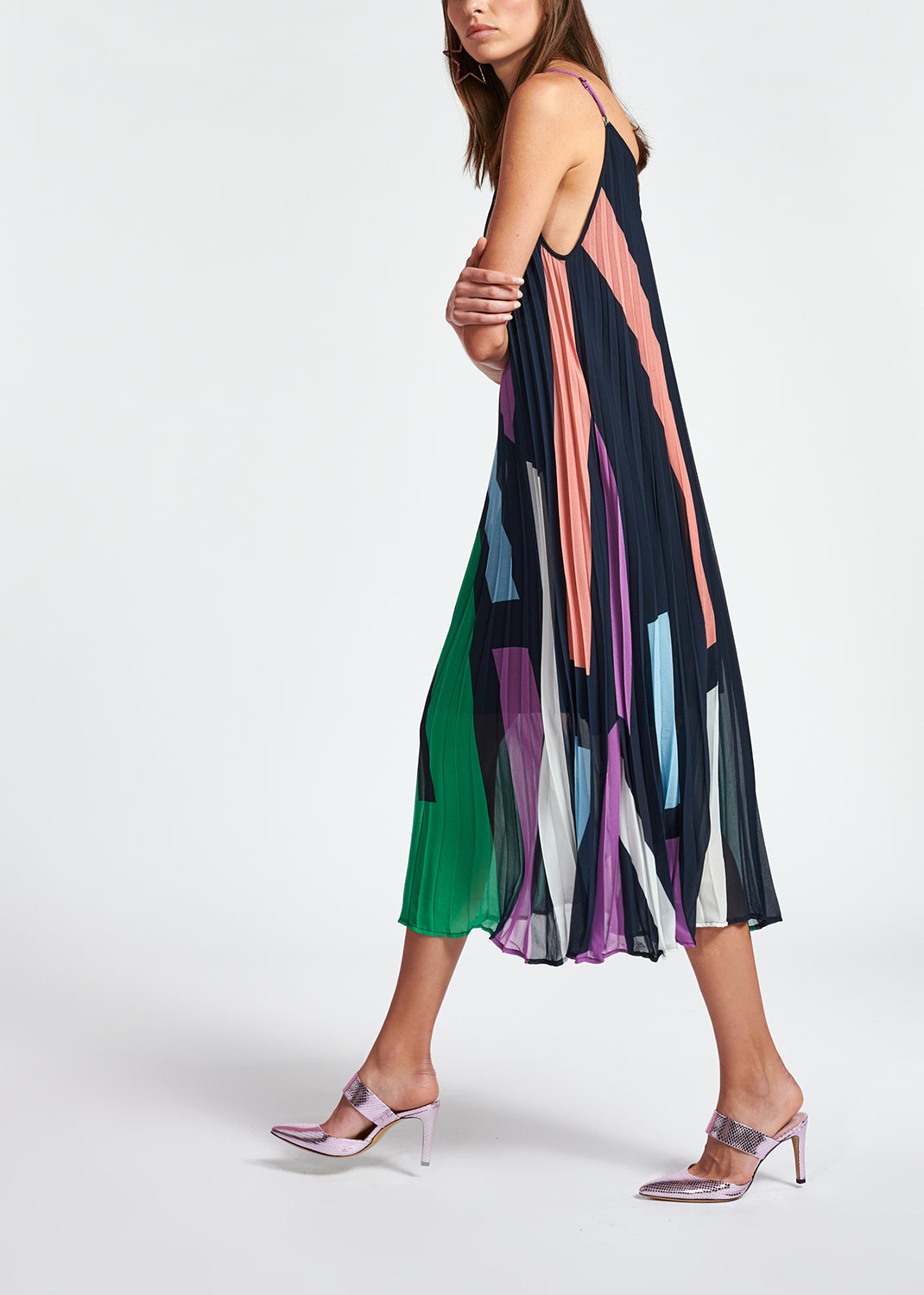 Dark blue graphic print plissé midi dress RE—SSENTIEL | Essentiel second hand