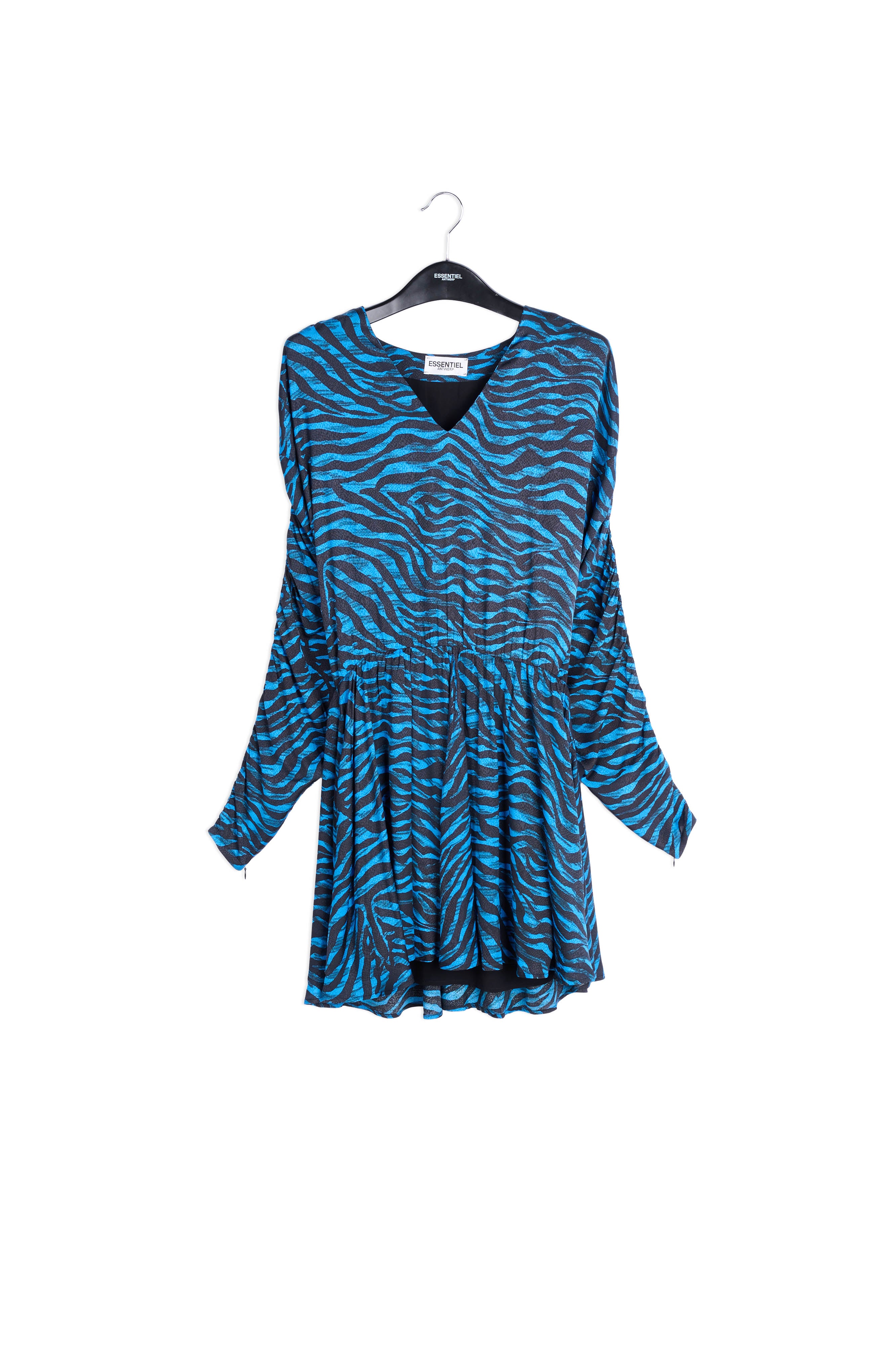 Volumineuze mini-jurk met blauwe en groene zebraprint RE—SSENTIEL | Essentiel second hand
