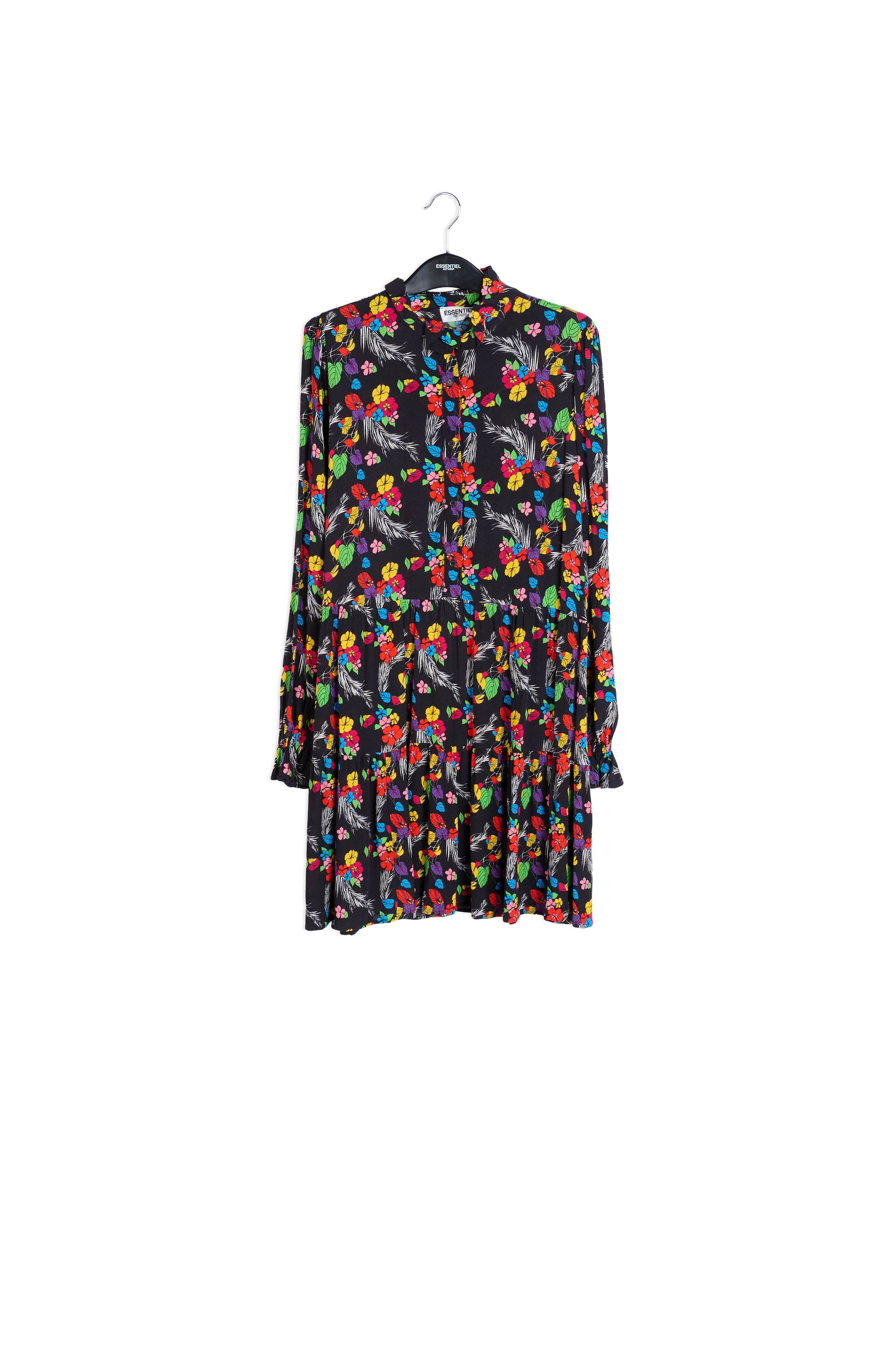 Zwarte mini-jurk met tropische print RE—SSENTIEL | Essentiel second hand