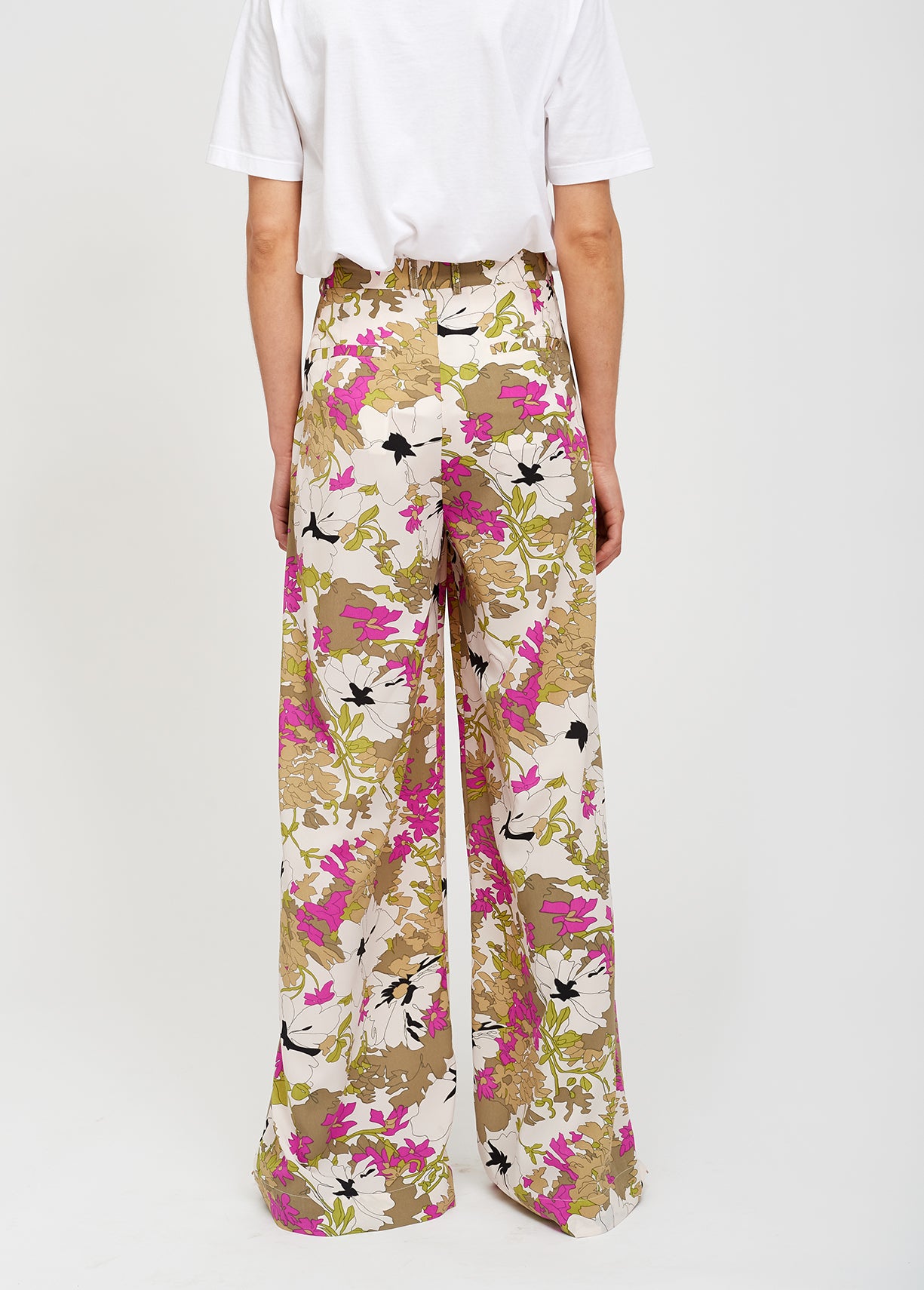Khaki green, white and pink floral wide-leg pants RE—SSENTIEL | Essentiel second hand