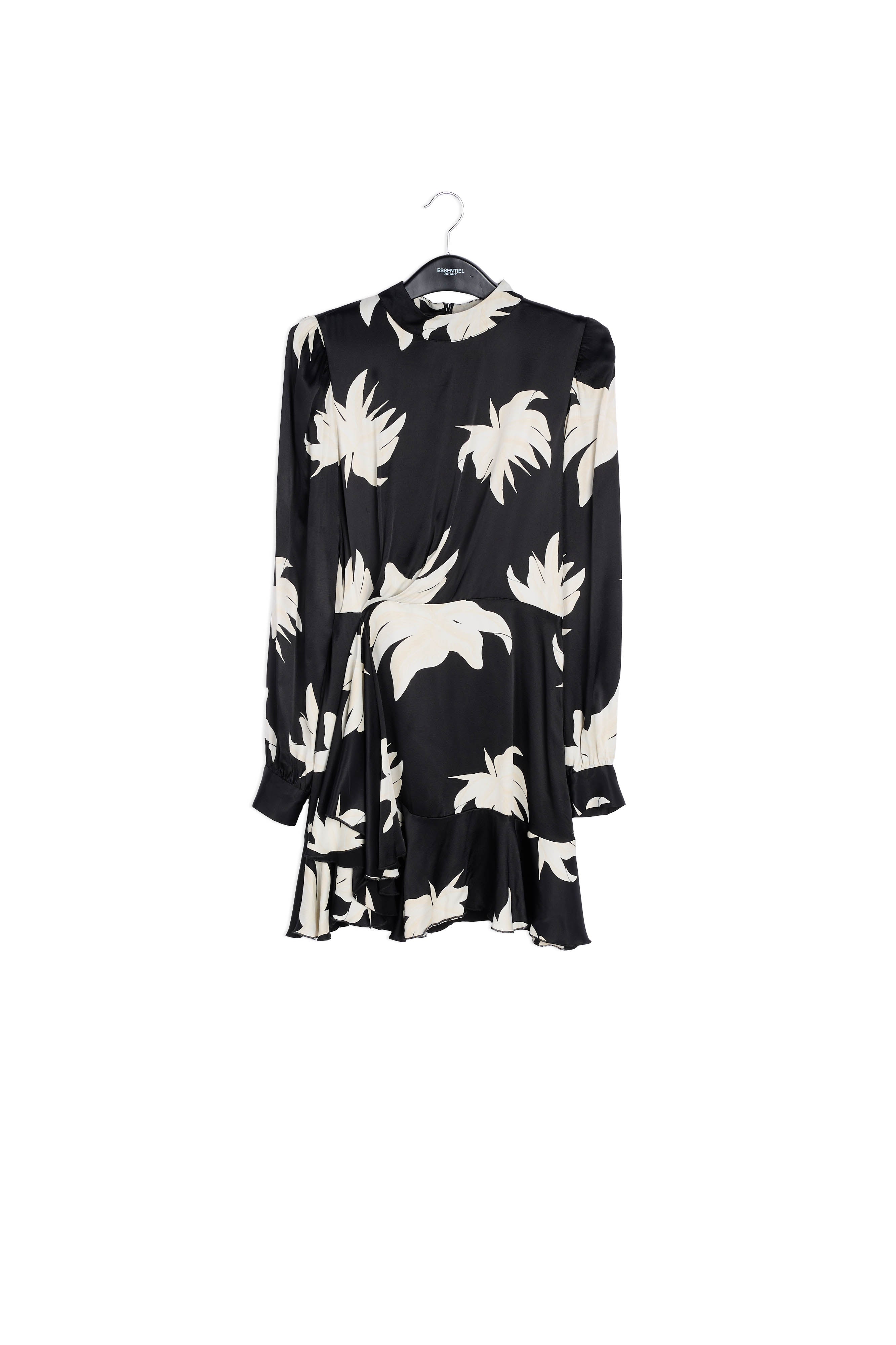 Midi-jurk met zwarte en gebroken witte bloemenprint RE—SSENTIEL | Essentiel second hand