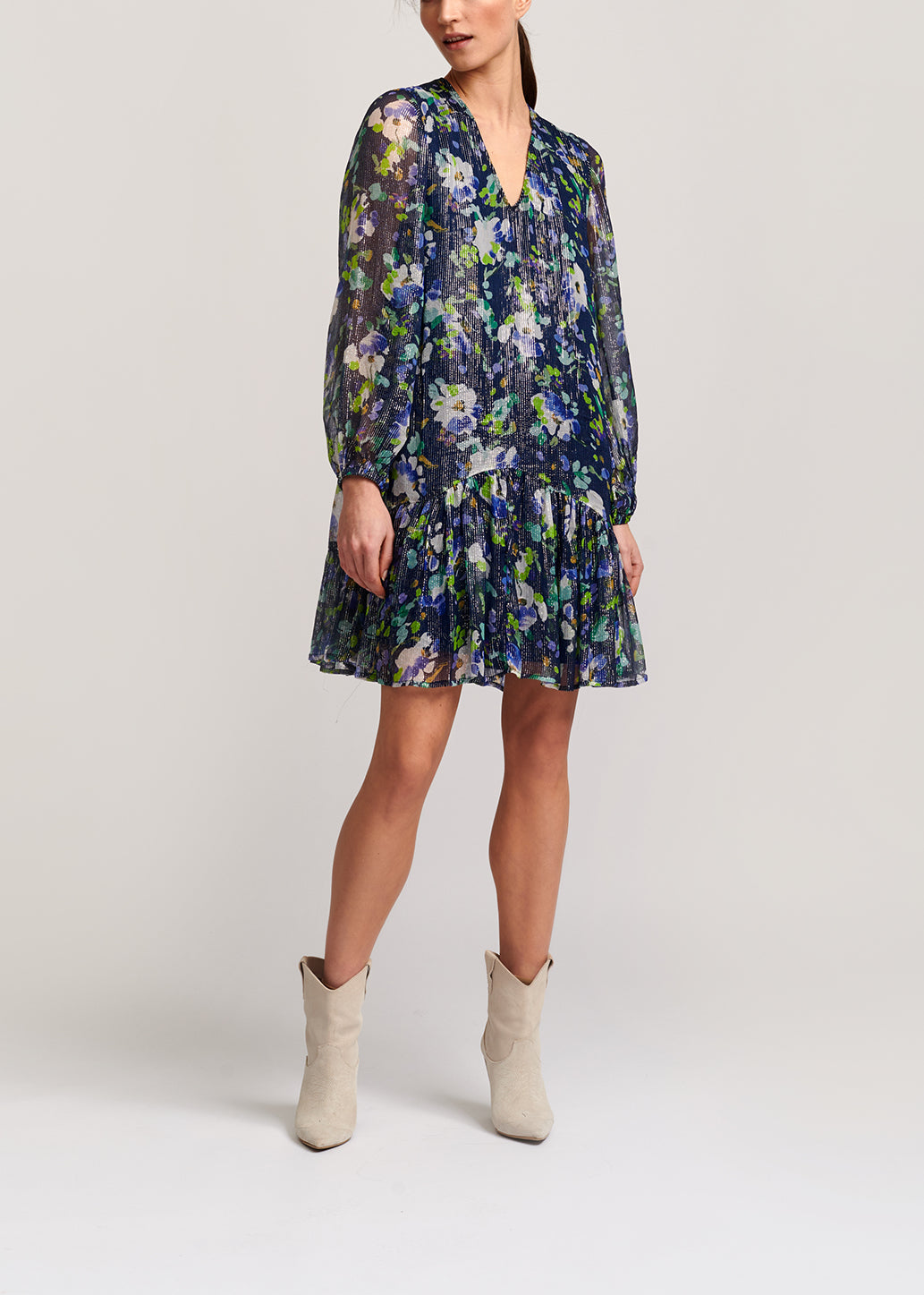 Dark blue floral-print a-line dress RE—SSENTIEL | Essentiel second hand