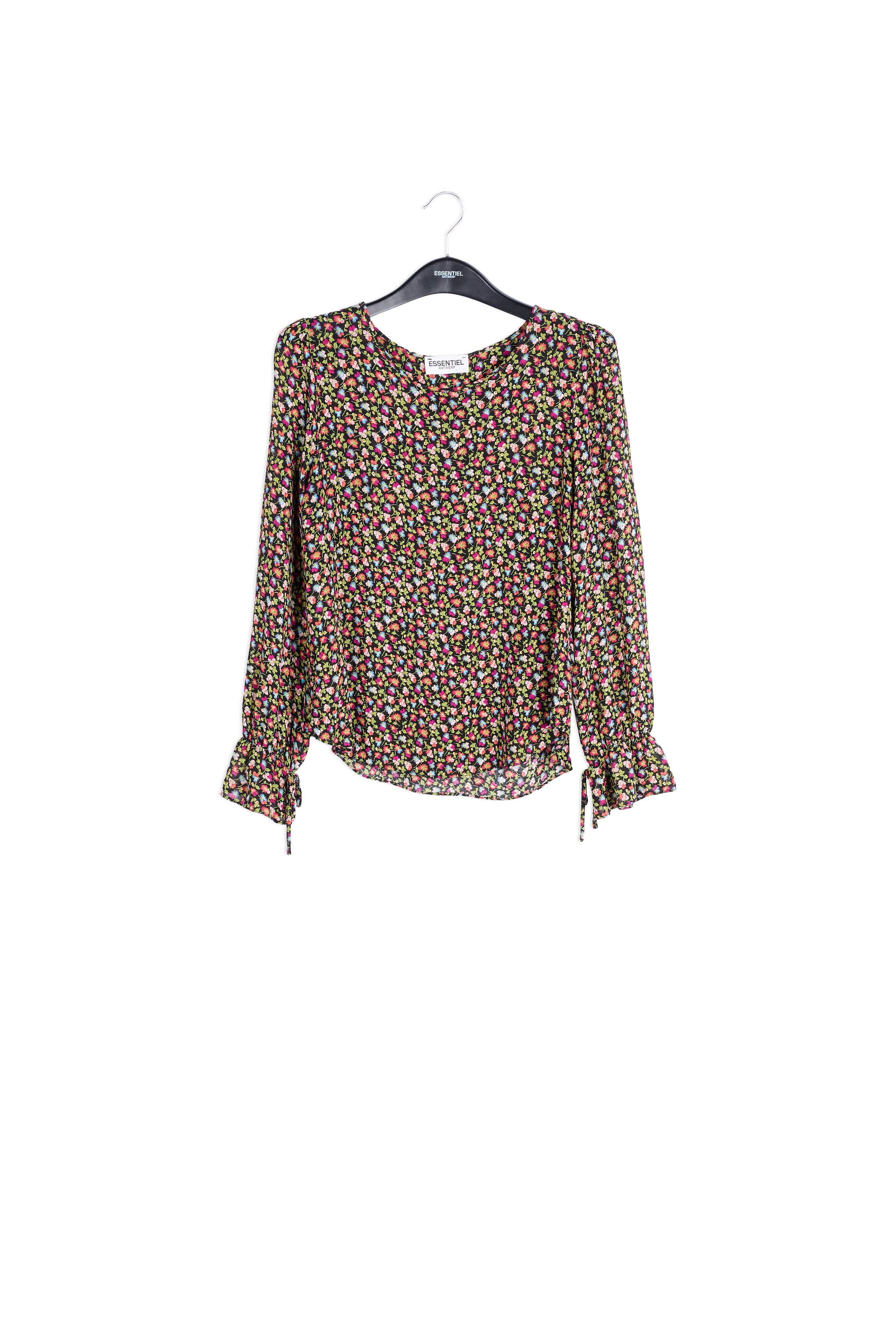 Blouse met zwarte, lichtgroene en fuchsia bloemenprint RE—SSENTIEL | Essentiel second hand