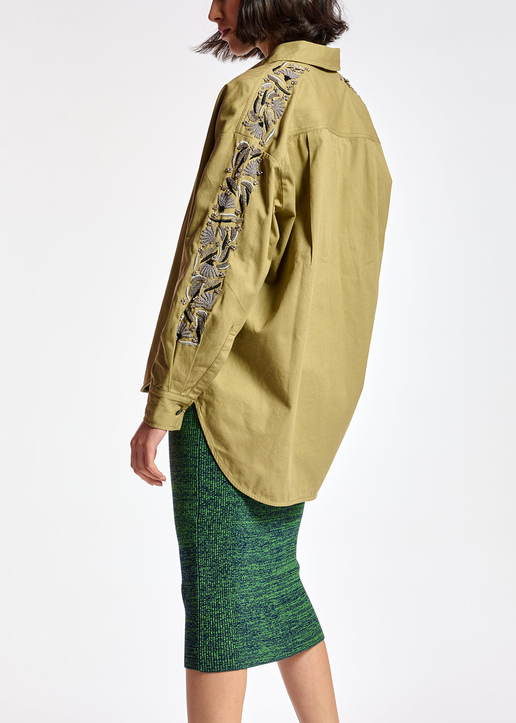 Khaki cotton shirt with bead embroidery RE—SSENTIEL | Essentiel second hand