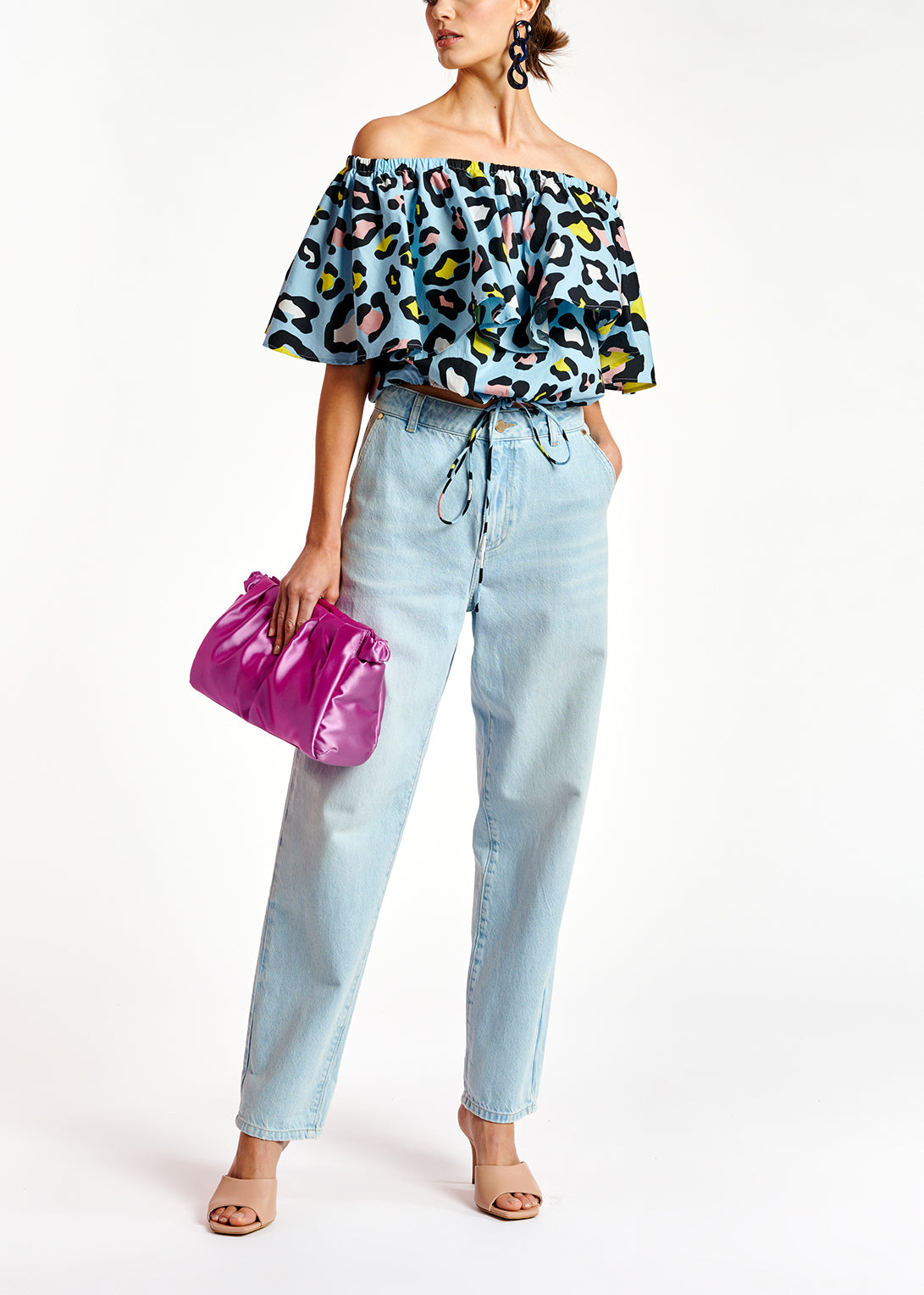 Light blue leopard-print off-shoulder top RE—SSENTIEL | Essentiel second hand