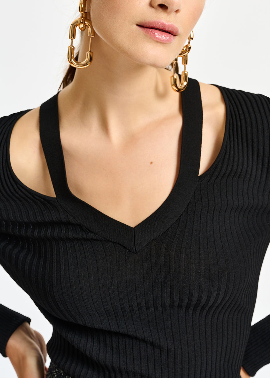 Black fine-knit V-neck sweater with cutouts RE—SSENTIEL | Essentiel second hand