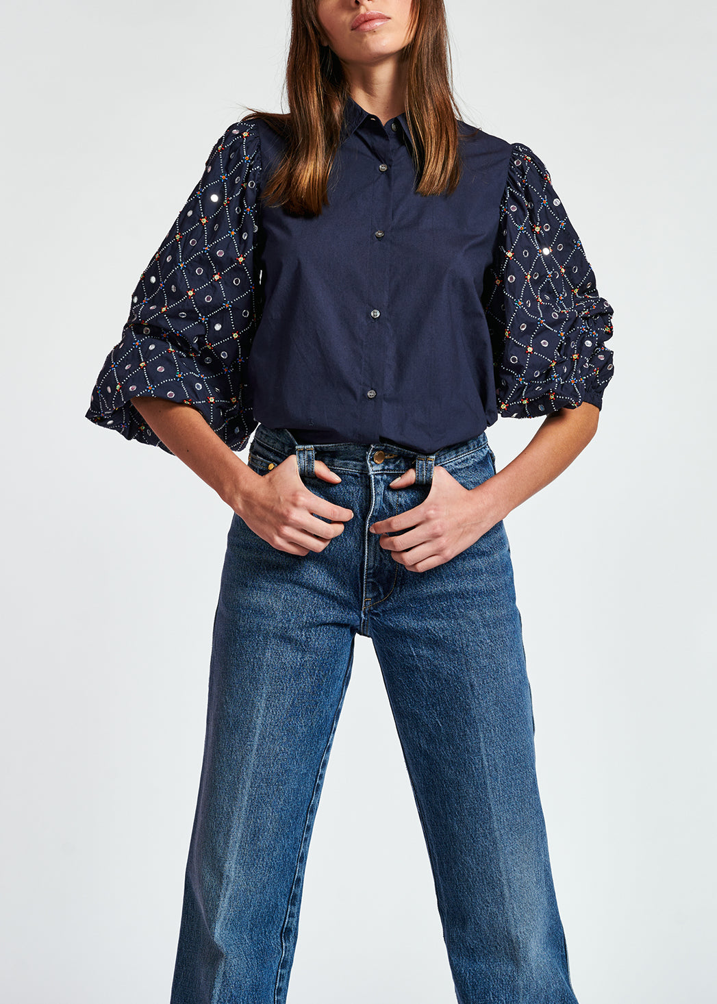 Dark blue mirror-embroidered puffed-sleeve shirt RE—SSENTIEL | Essentiel second hand