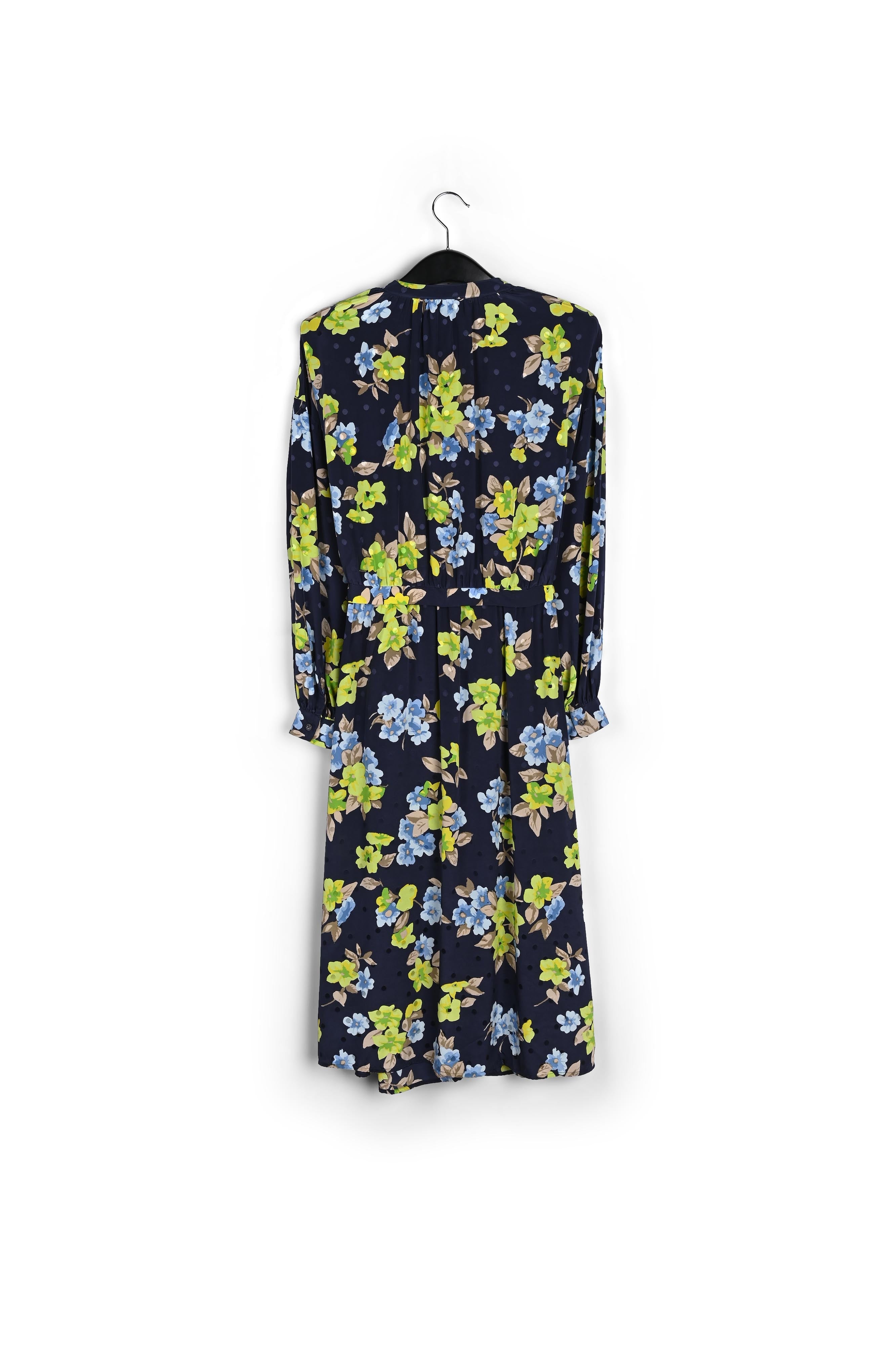 Robe chemise bleu foncé en soie à fleurs et à pois RE—SSENTIEL | Essentiel second hand