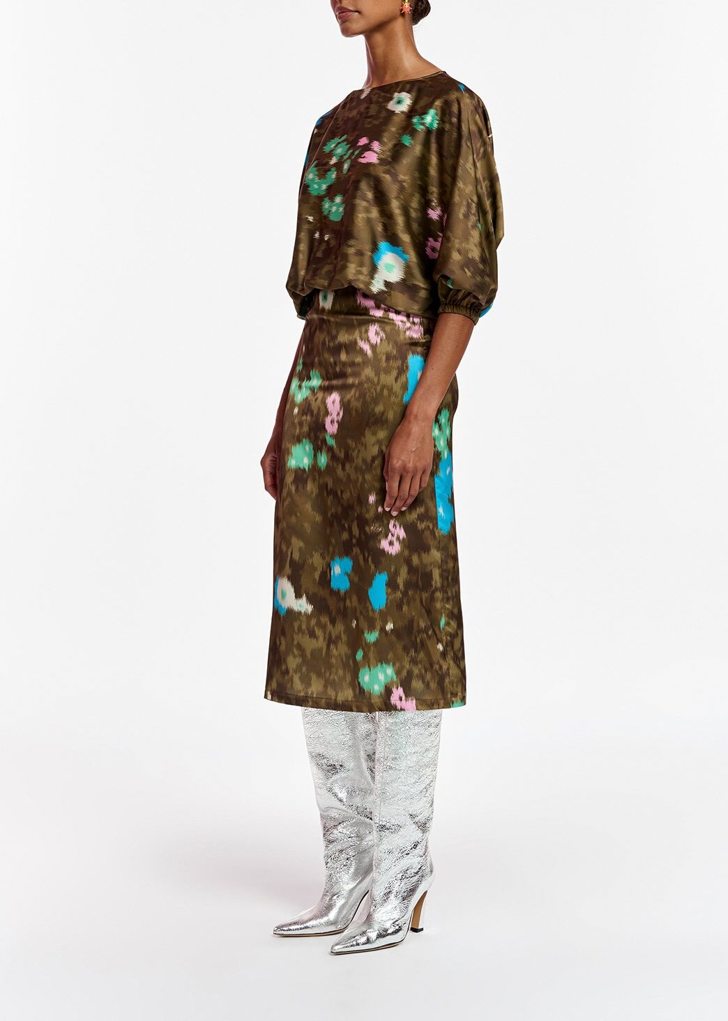 Khaki floral print midi-length dress RE—SSENTIEL | Essentiel second hand