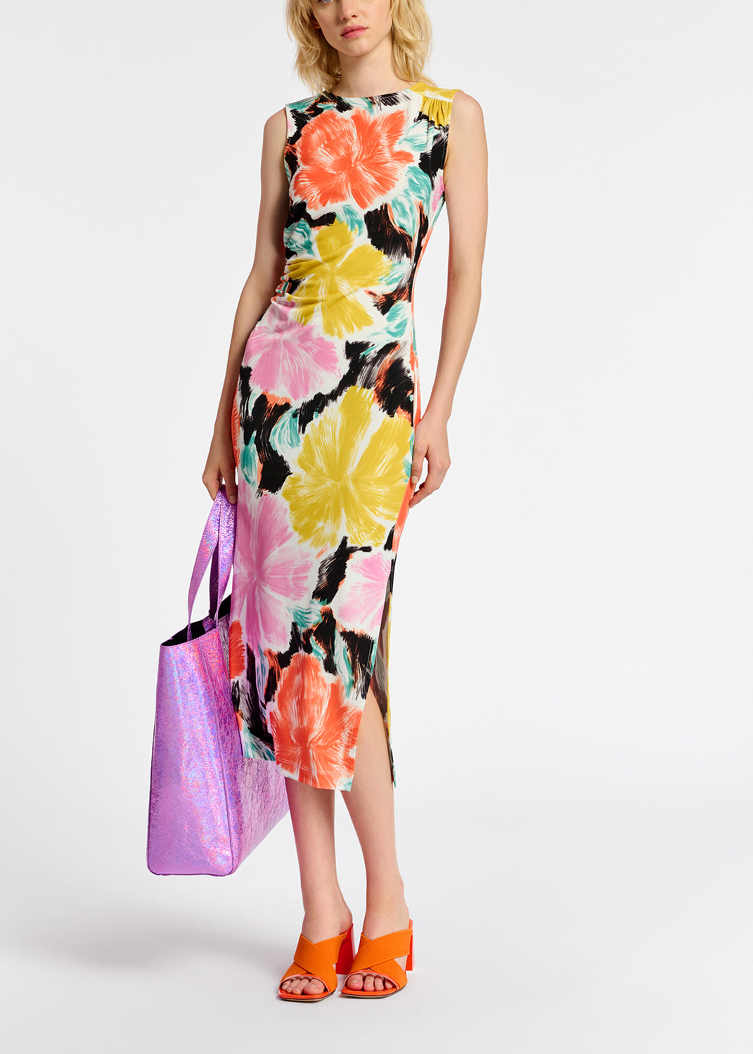 Robe midi en jersey à imprimé fleuri noir, orange et jaune RE—SSENTIEL | Essentiel second hand