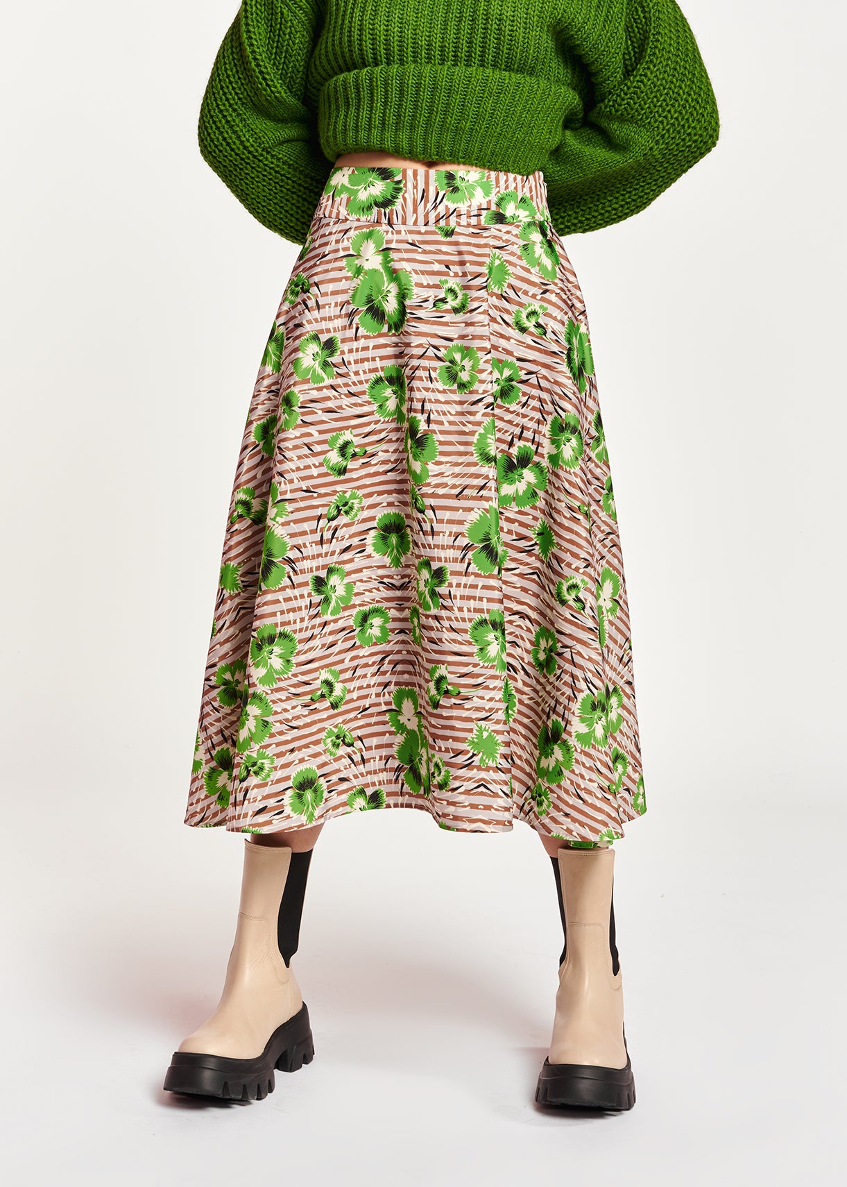 Stripe and green floral print A-line skirt RE—SSENTIEL | Essentiel second hand