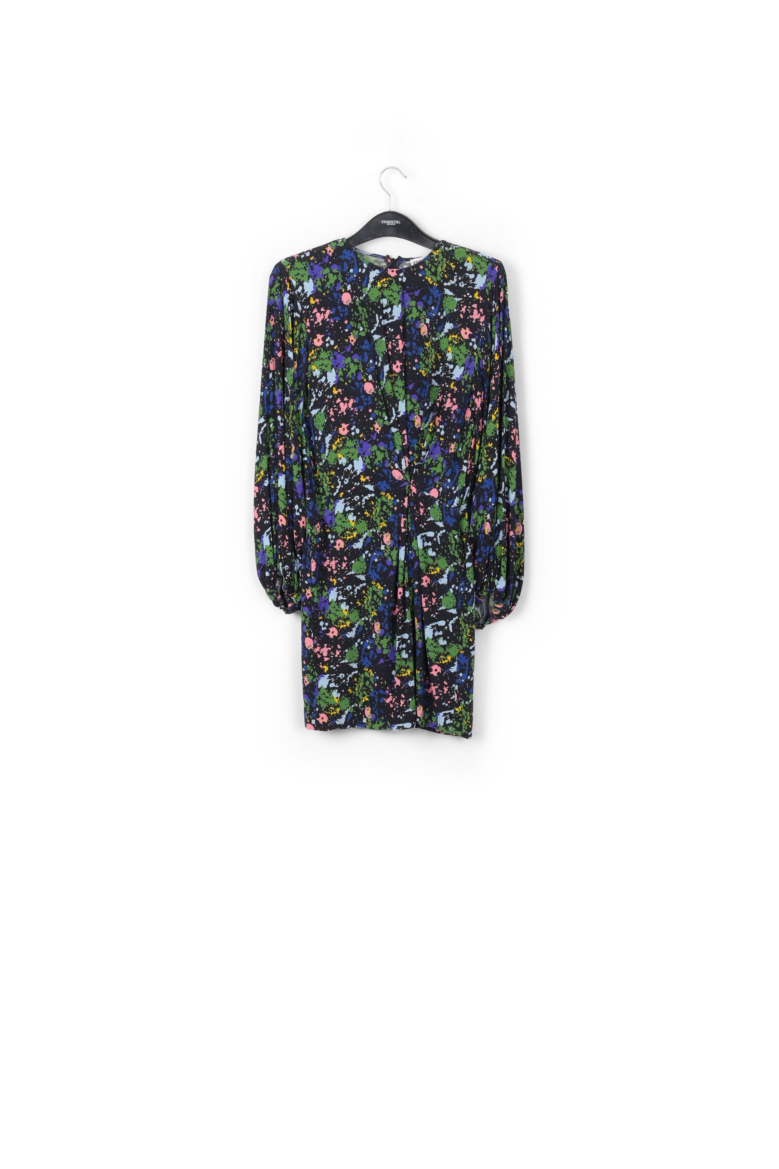 Mini-robe noire et bleue fleurie à taille cintrée RE—SSENTIEL | Essentiel second hand