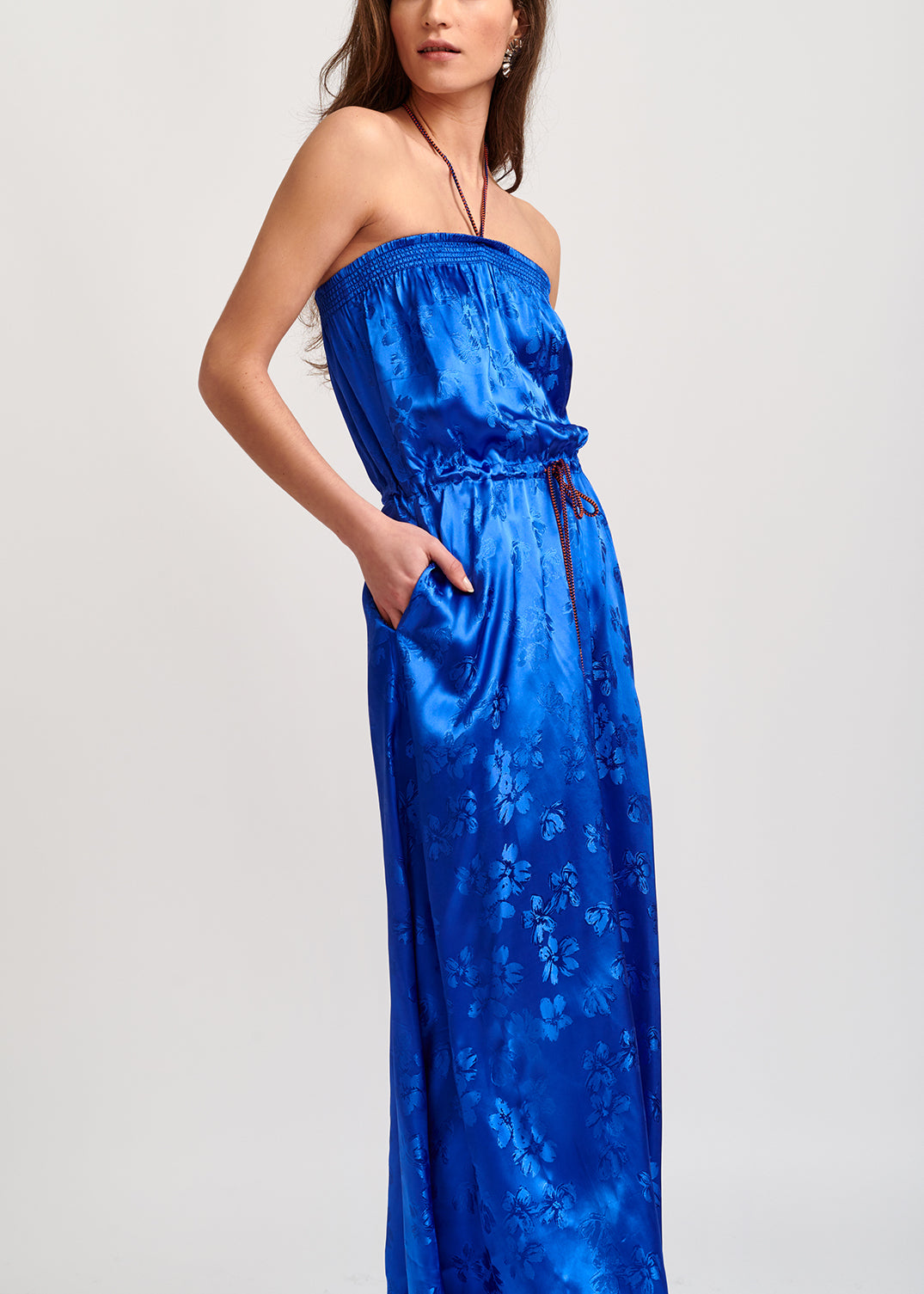 Cobalt blue floral-print jacquard maxi dress RE—SSENTIEL | Essentiel second hand