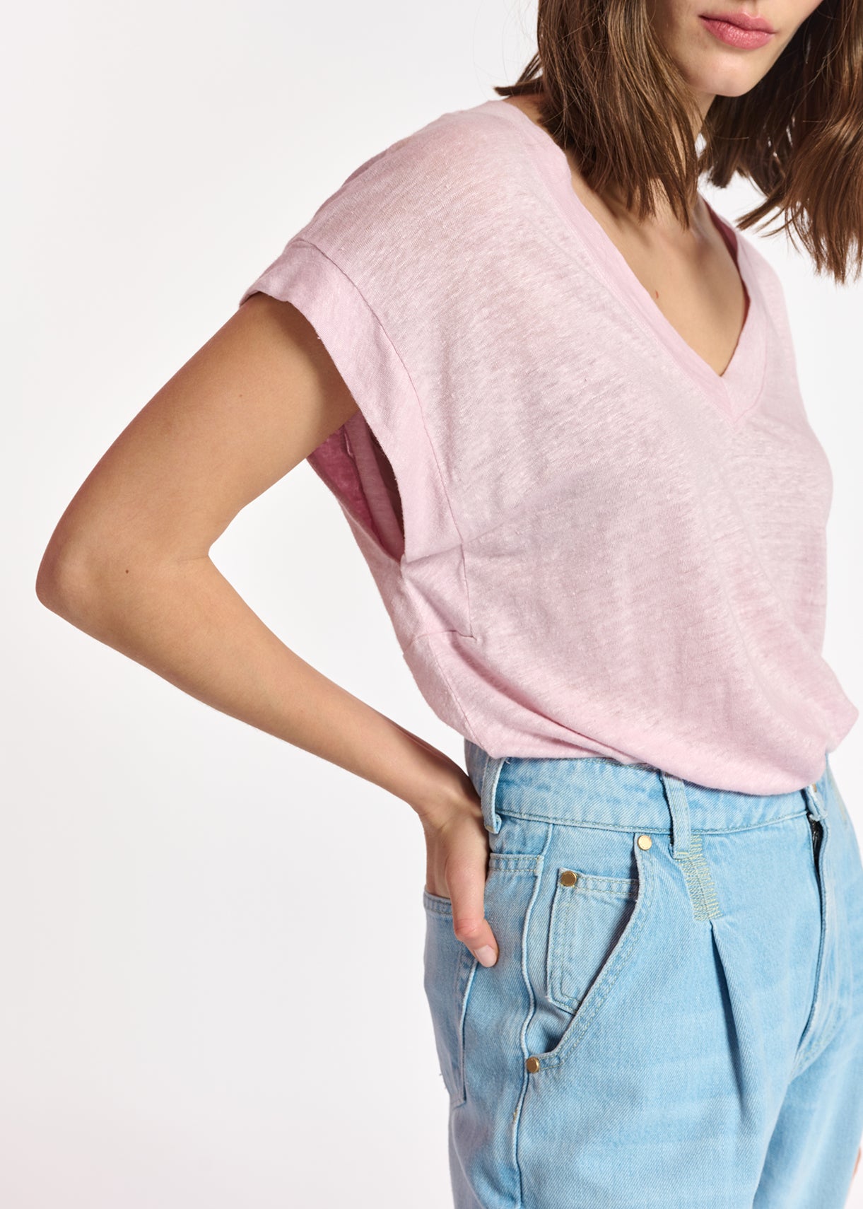 Lilac linen v-neck t-shirt RE—SSENTIEL | Essentiel second hand
