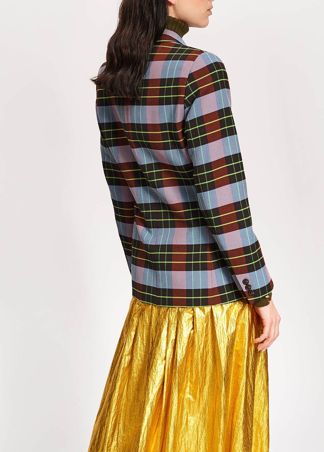 Veste croisée au motif tartan bleu pâle, bordeaux et noir RE—SSENTIEL | Essentiel second hand