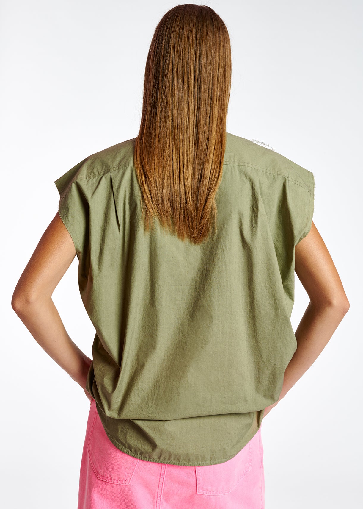 Khaki cotton sleeveless shirt with lace embroidered trimmings RE—SSENTIEL | Essentiel second hand