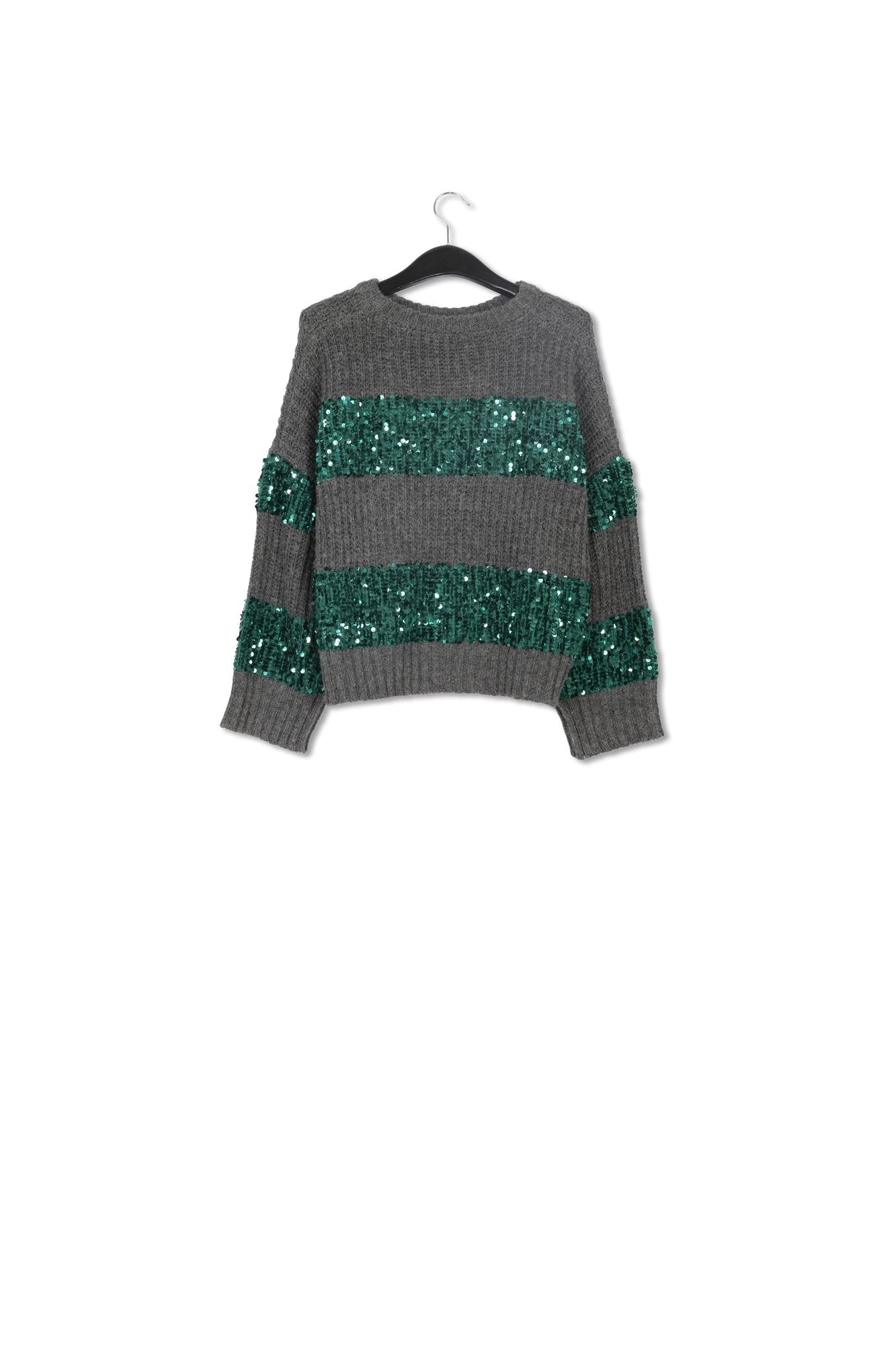 Dark grey and dark green knit sweater with sequin-embellished stripes RE—SSENTIEL | Essentiel second hand