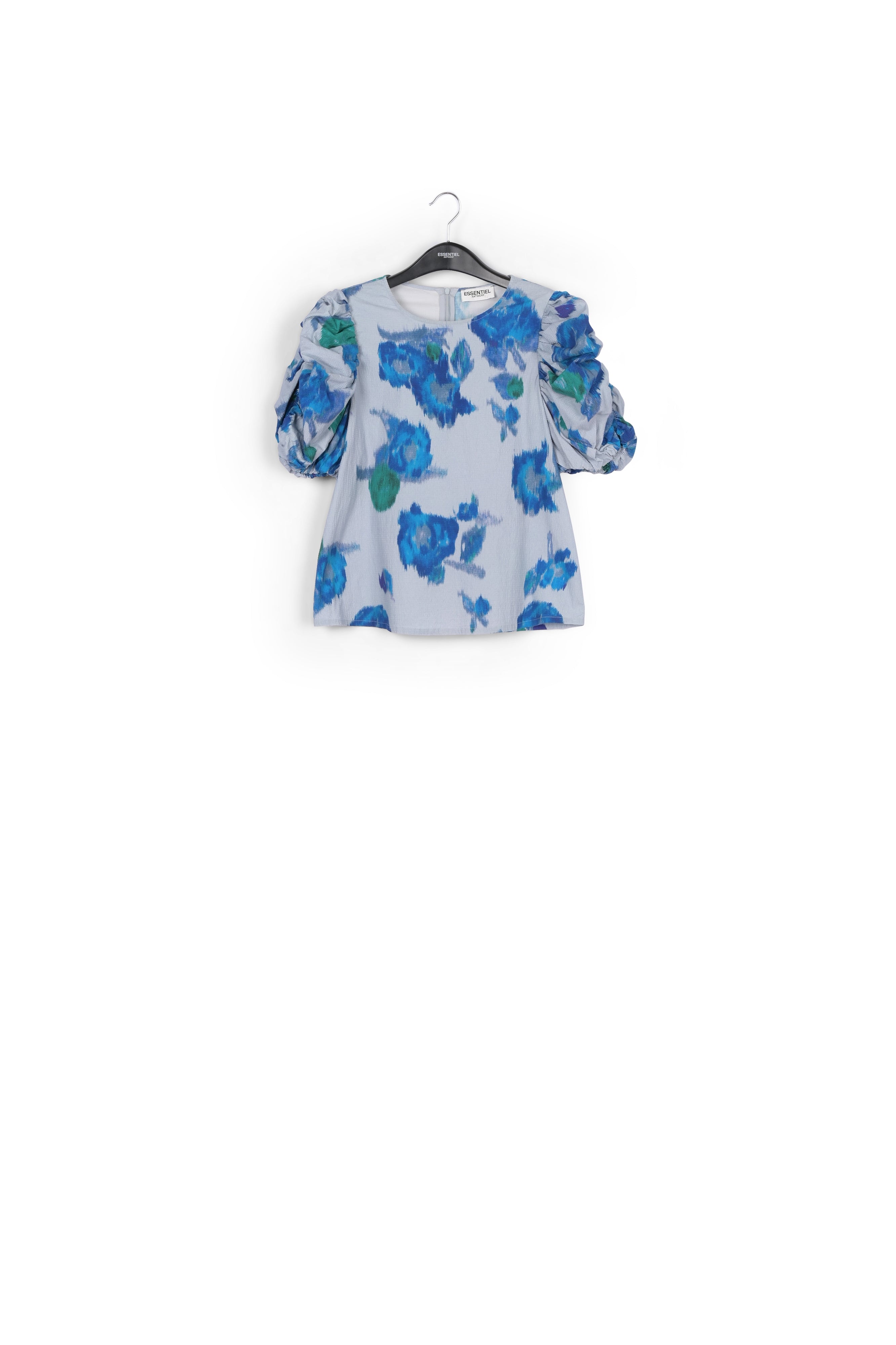 Light blue puffed sleeve top with floral print RE—SSENTIEL | Essentiel second hand