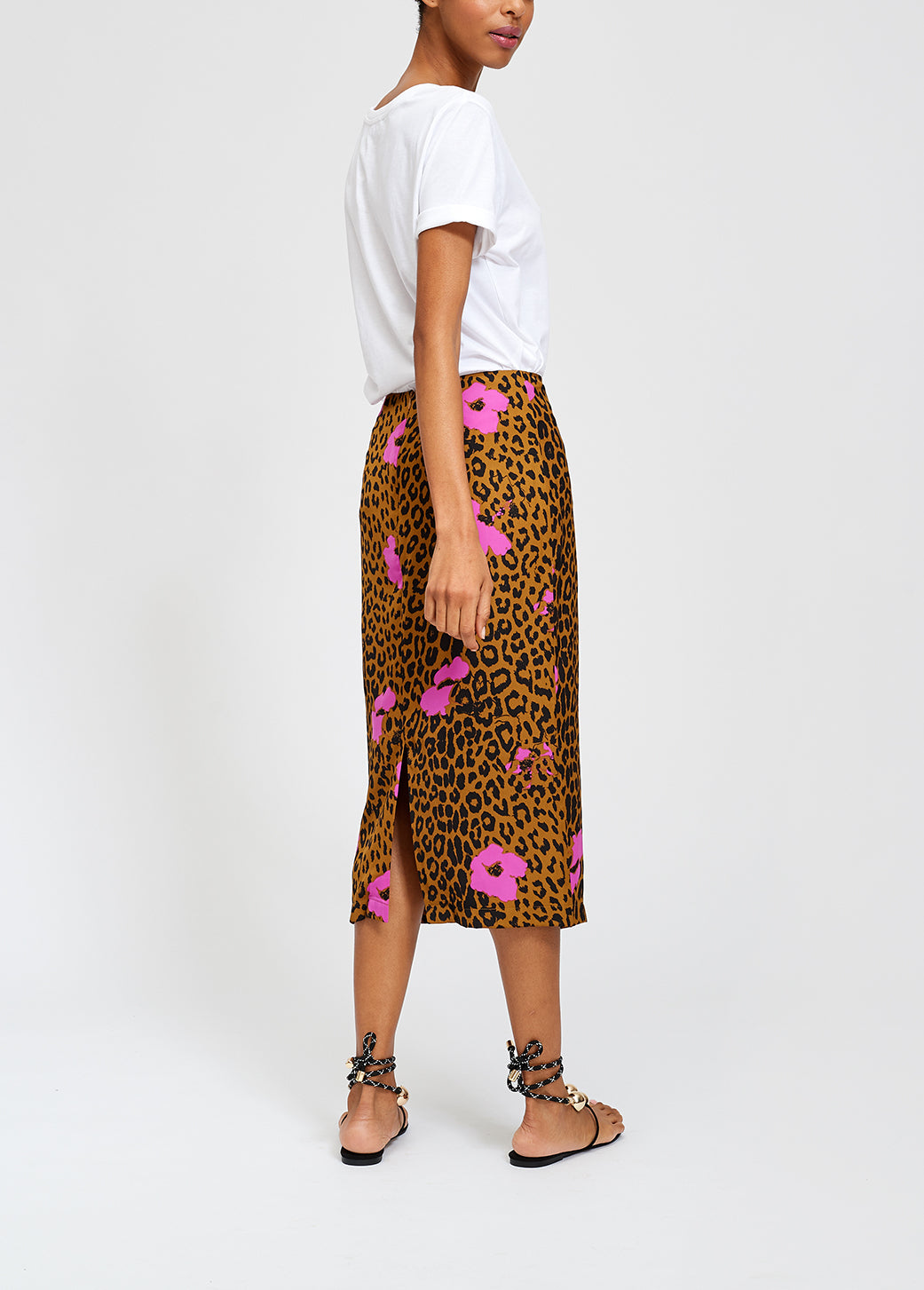 Leopard print and pink floral midi pencil skirt RE—SSENTIEL | Essentiel second hand