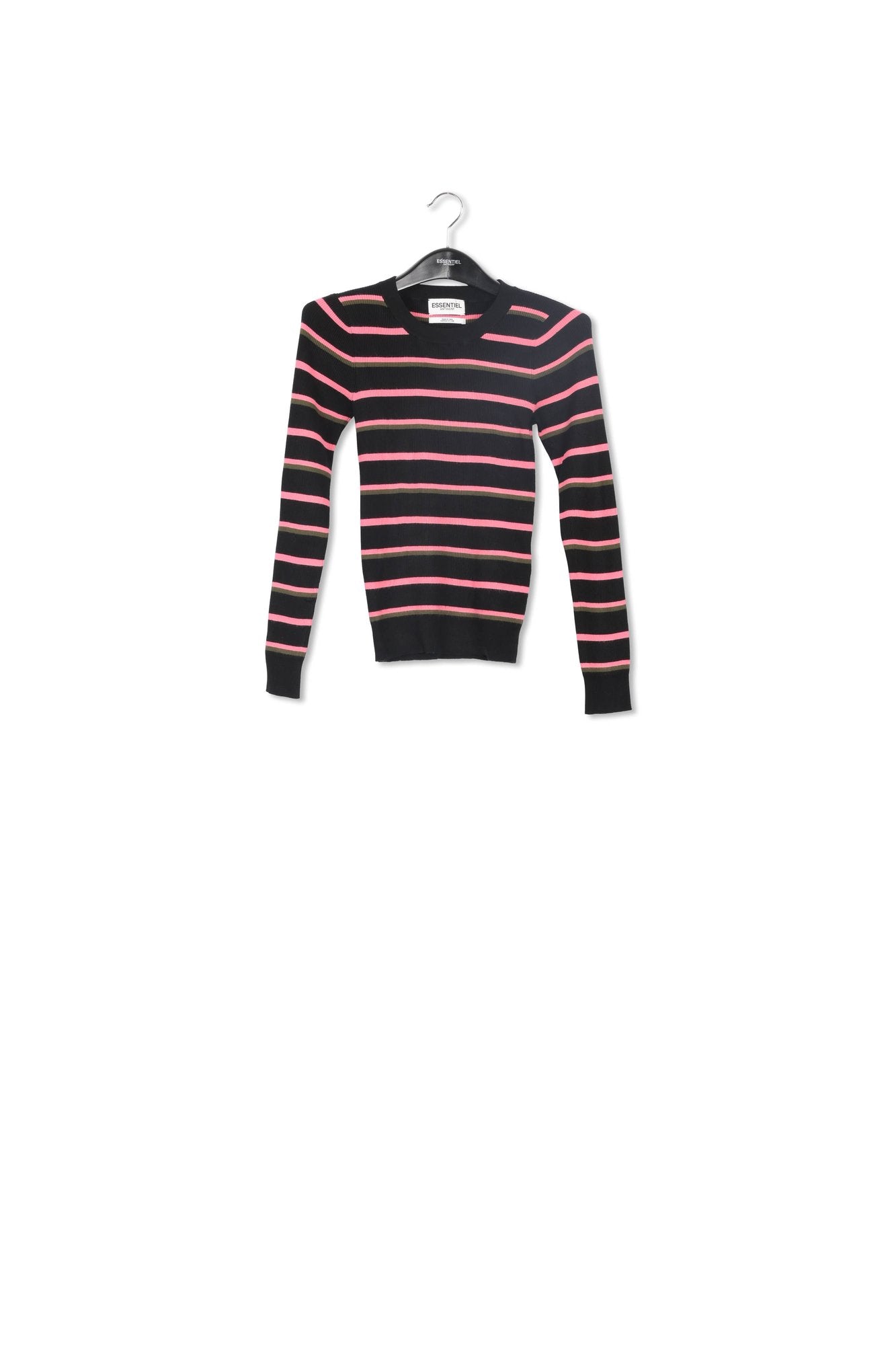Zwart, fluoroze en kaki gestreepte trui RE—SSENTIEL | Essentiel second hand