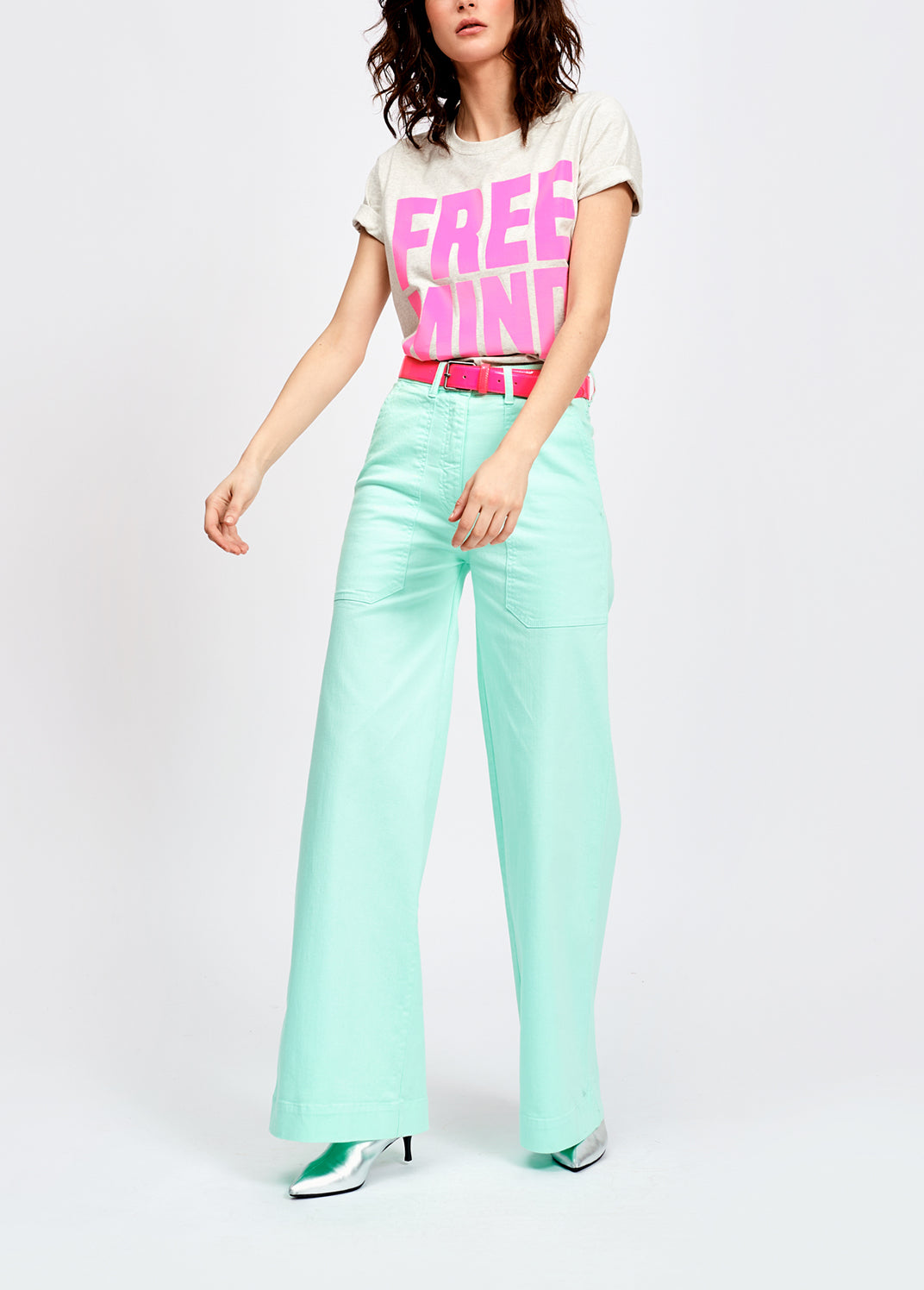 Grey cotton t-shirt with pink free mind print RE—SSENTIEL | Essentiel second hand