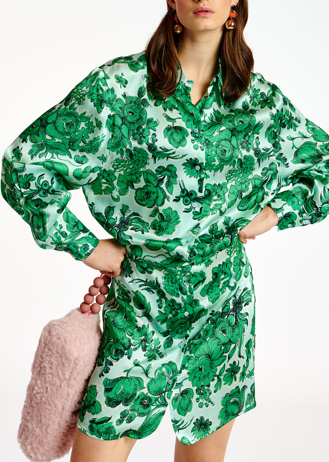 Lichtblauwe en groene zijden mini-jurk met bloemen RE—SSENTIEL | Essentiel second hand