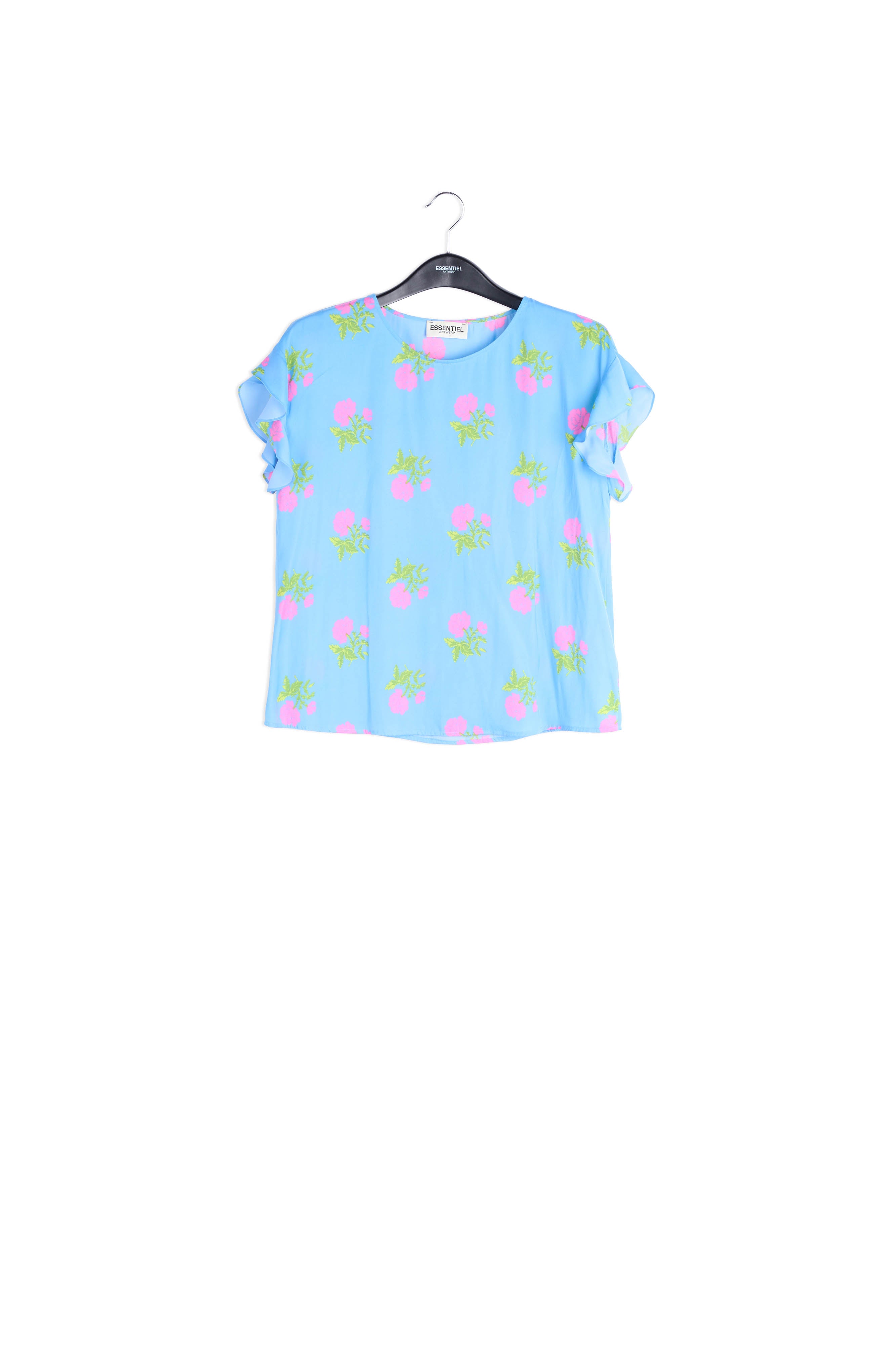 Blauwe top met bloemenprint en ruches RE—SSENTIEL | Essentiel second hand