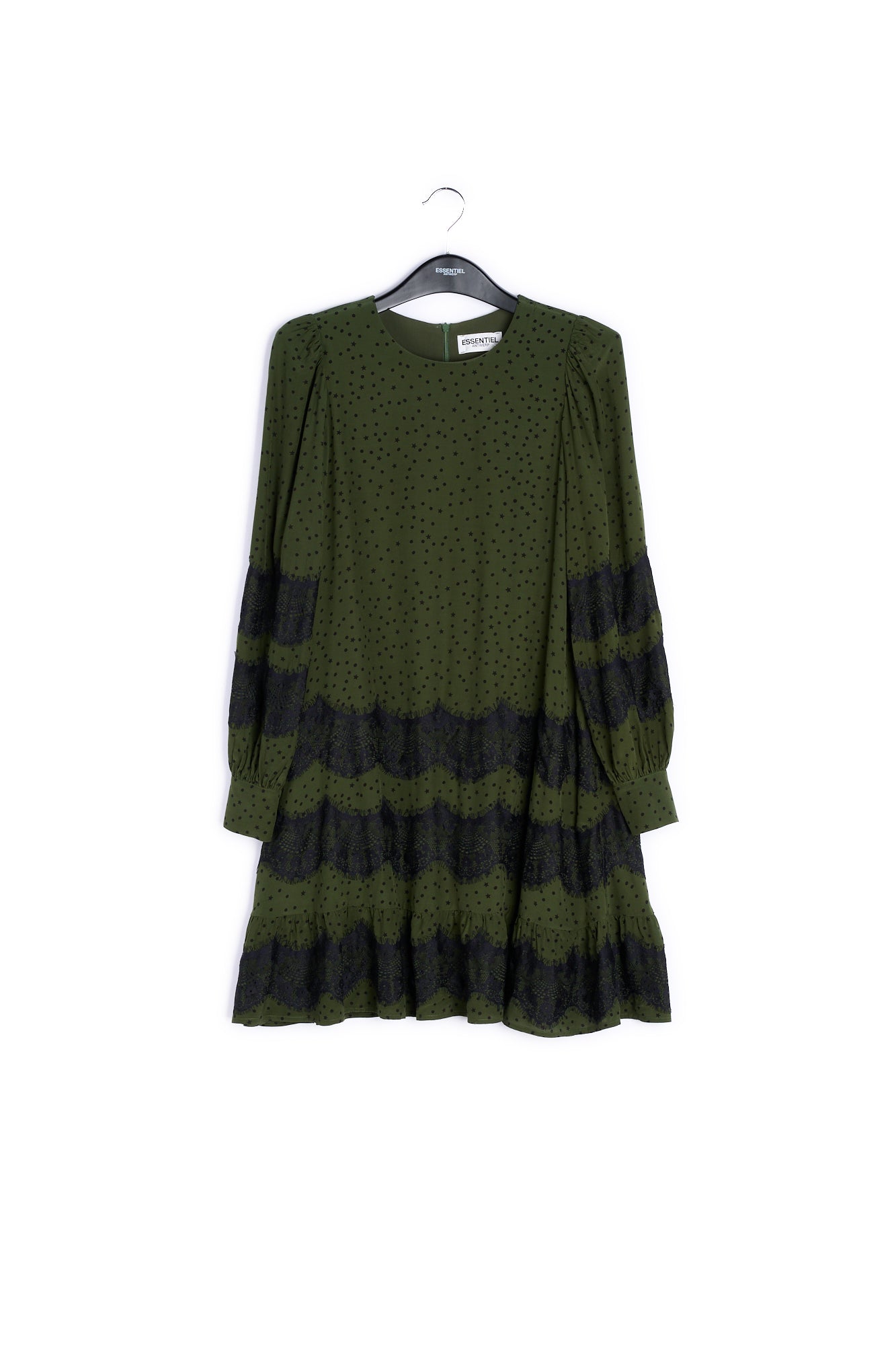 Khaki green mini dress with lace inserts RE—SSENTIEL | Essentiel second hand