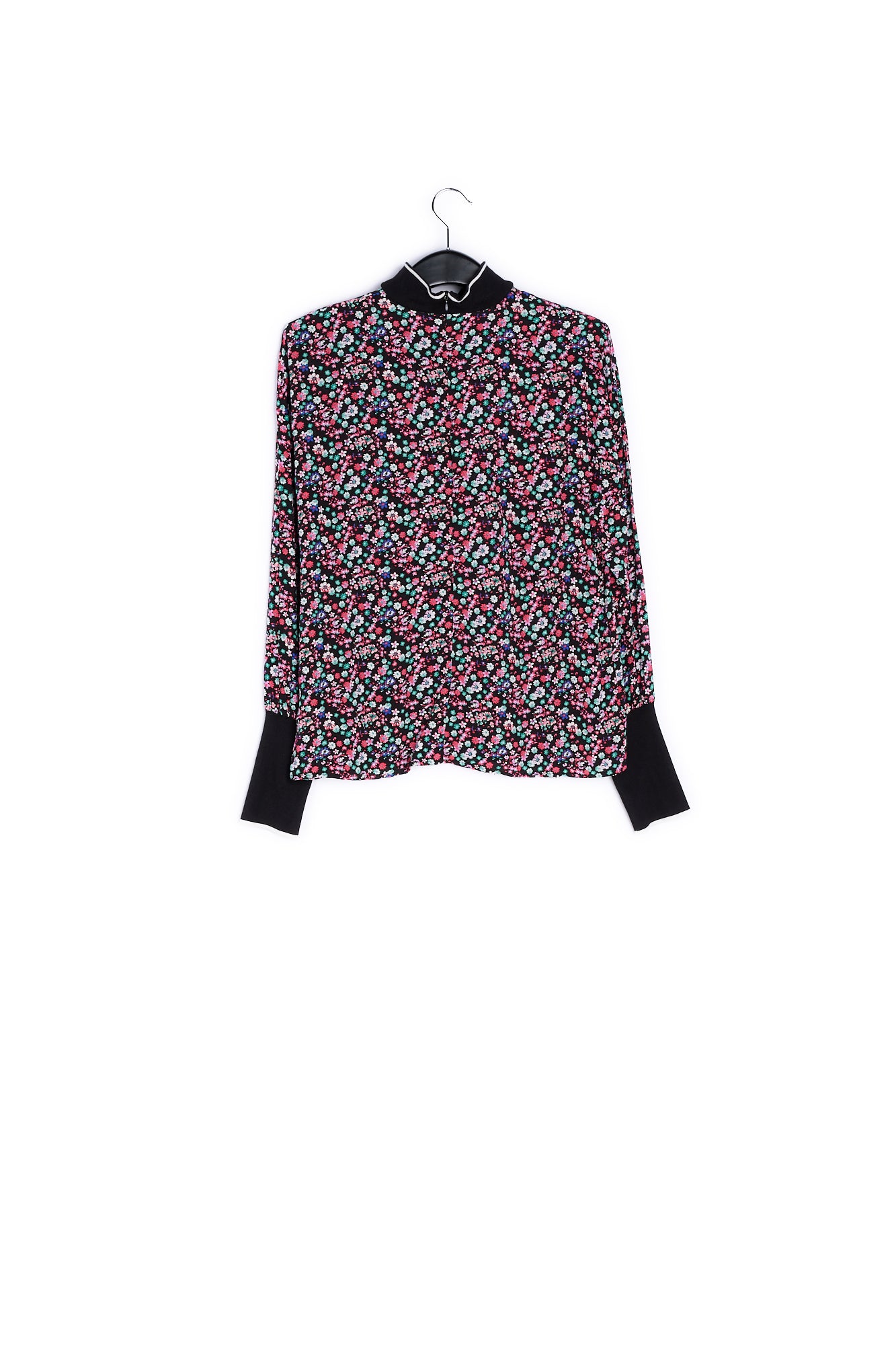 Black floral-print top with contrasting trims RE—SSENTIEL | Essentiel second hand