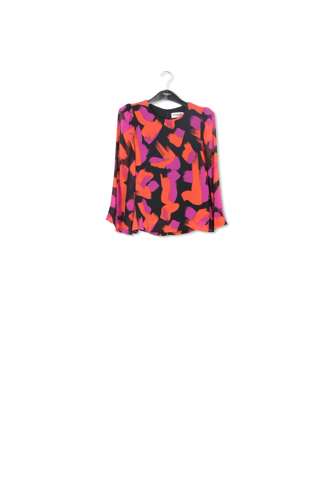 Black, orange and purple abstract-print top with puffed shoulders RE—SSENTIEL | Essentiel second hand