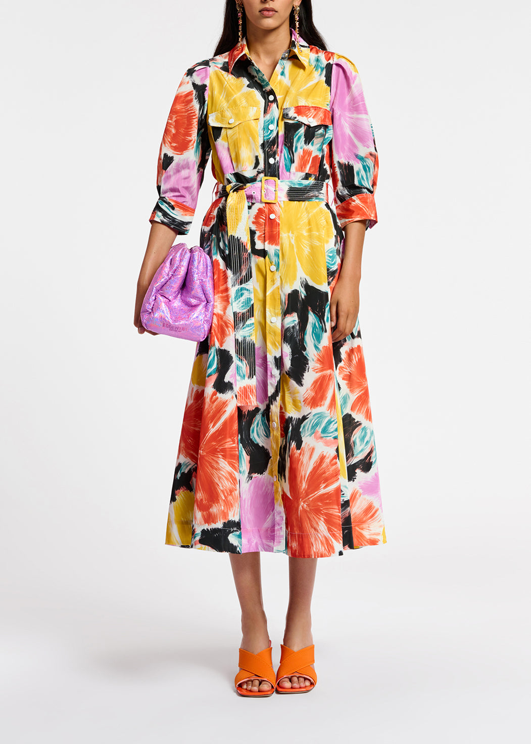 Robe chemise midi à  imprimé fleuri noir, orange et jaune RE—SSENTIEL | Essentiel second hand