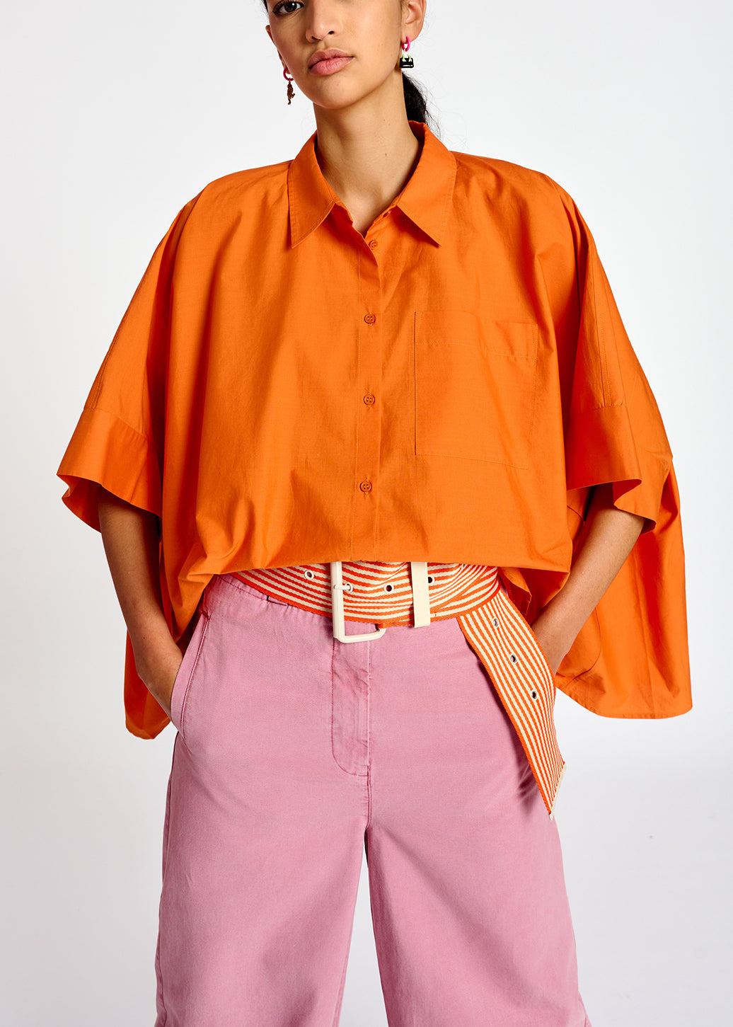 Orange oversized cotton-poplin buttoned shirt RE—SSENTIEL | Essentiel second hand