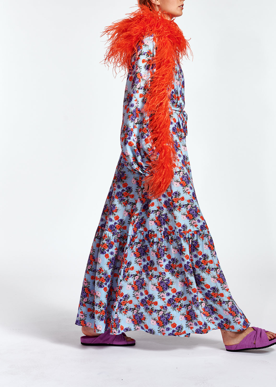 Light blue long-sleeved floral maxi dress RE—SSENTIEL | Essentiel second hand