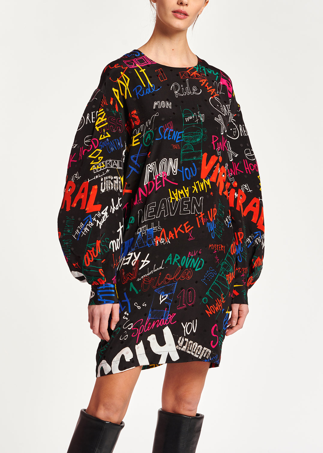 Black jacquard-silk minidress with text print RE—SSENTIEL | Essentiel second hand