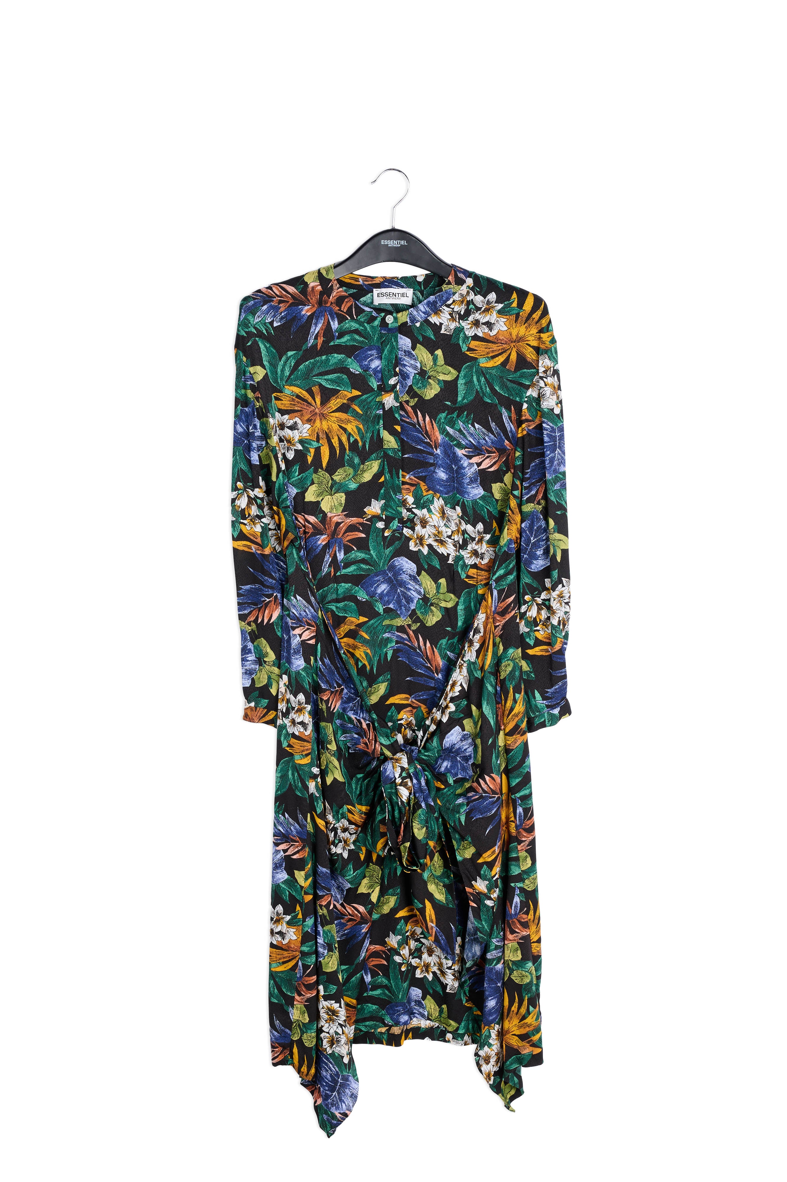 Groene, blauwe en oranje midi-jurk met bloemen RE—SSENTIEL | Essentiel second hand