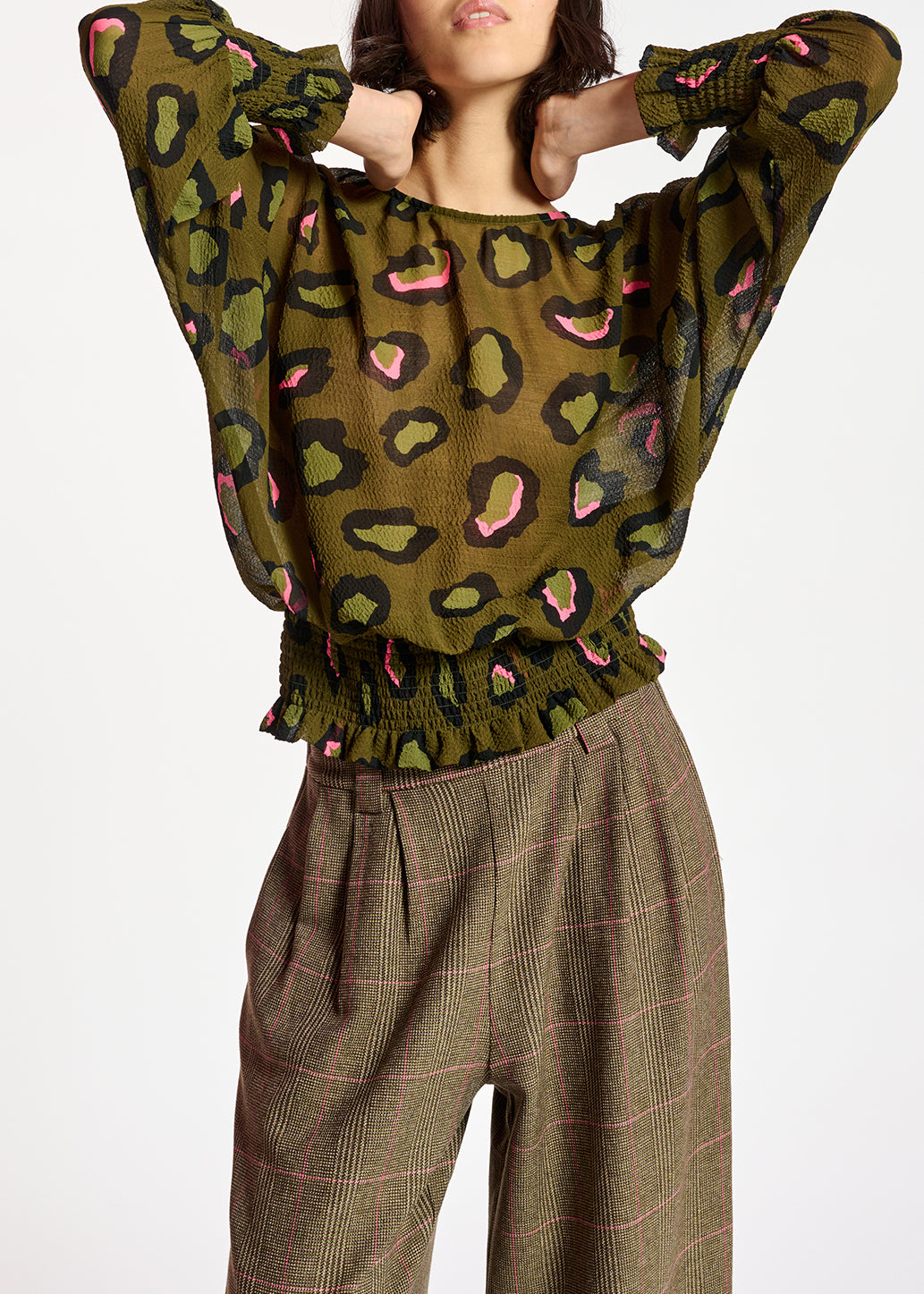 Khaki smocked top with leopard print RE—SSENTIEL | Essentiel second hand
