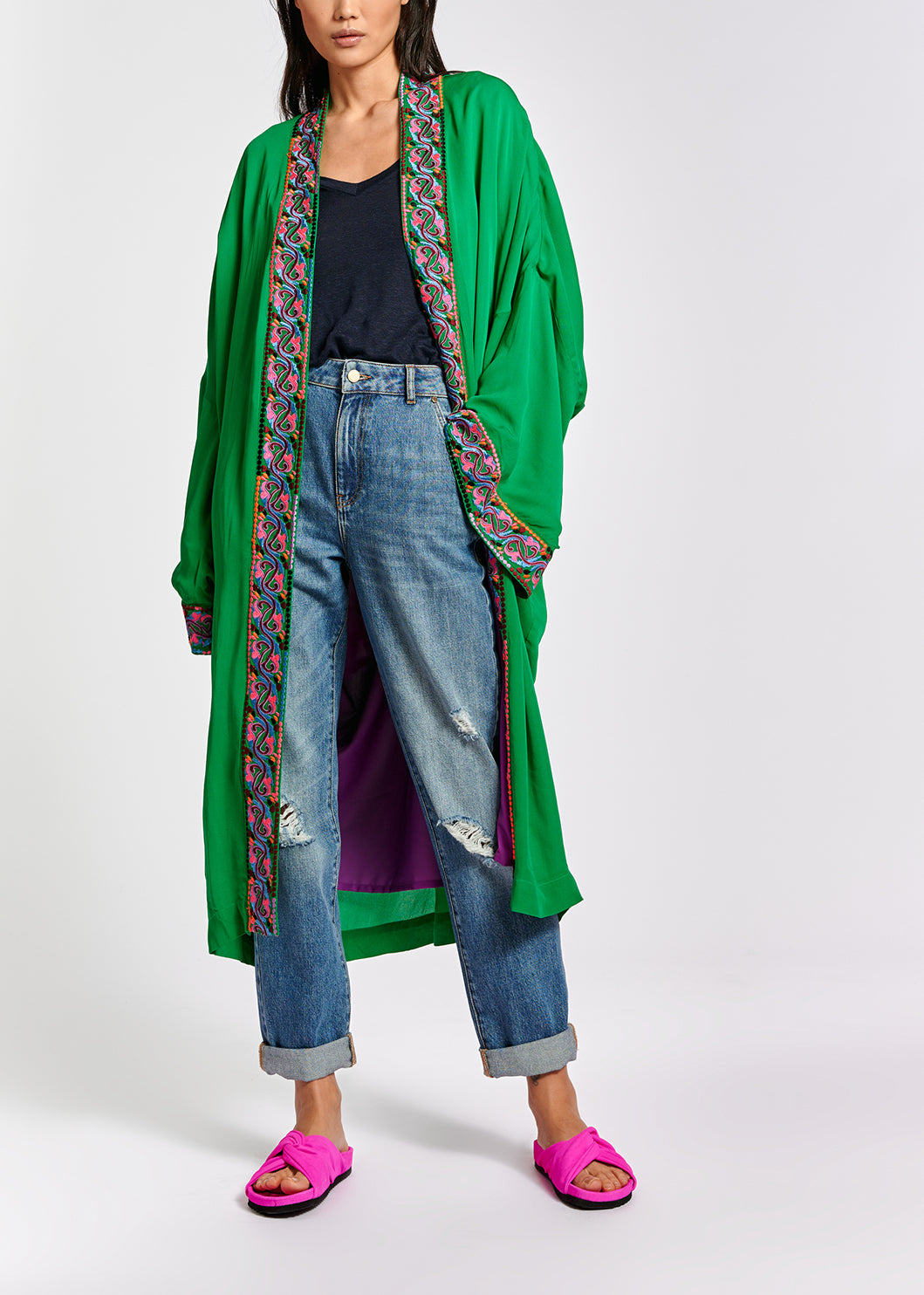 Green kimono with colorful embroideries RE—SSENTIEL | Essentiel second hand