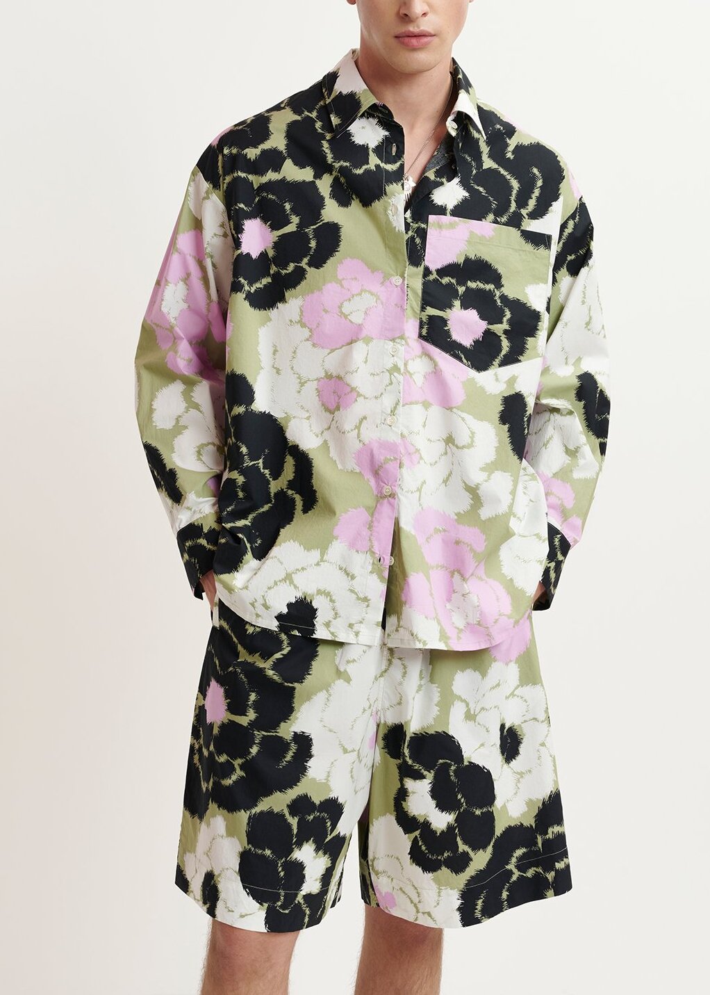 Light khaki, lilac and off-white cotton shirt with floral print RE—SSENTIEL | Essentiel second hand