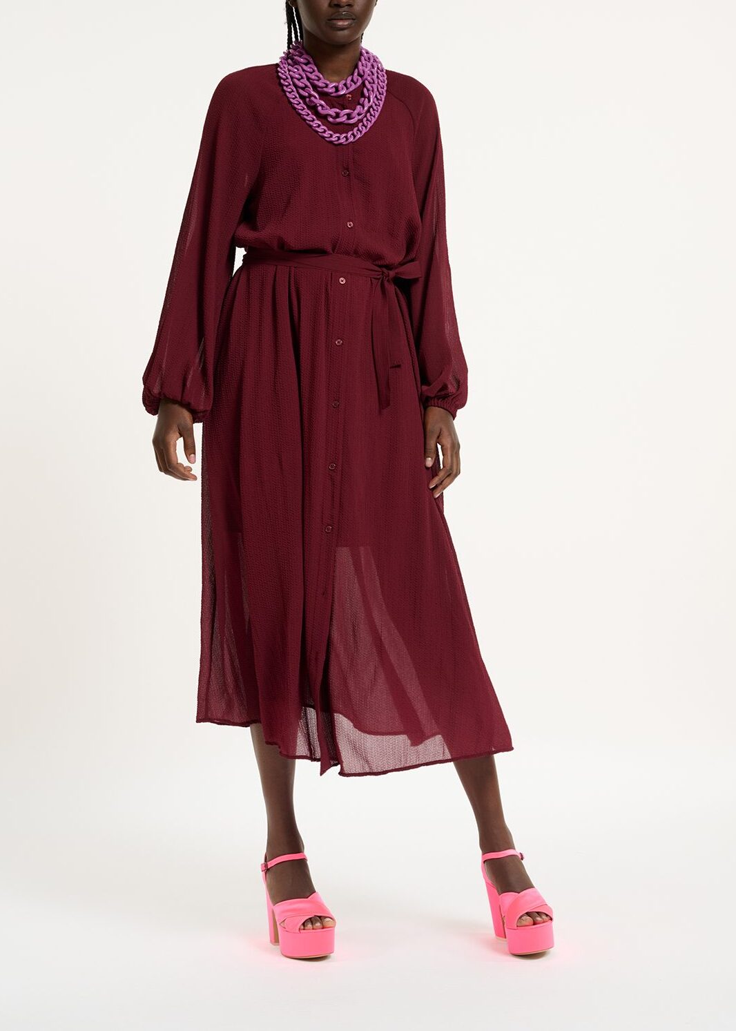 Robe chemise midi bordeaux avec ceinture RE—SSENTIEL | Essentiel second hand