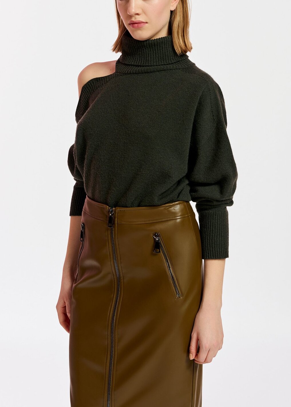 Khaki faux leather pencil skirt RE—SSENTIEL | Essentiel second hand