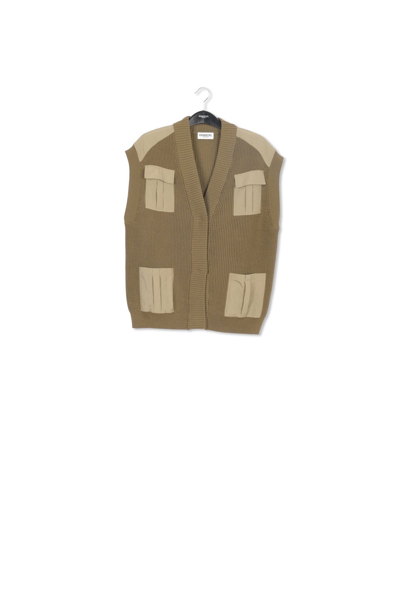 Khaki sleeveless utility-inspired cardigan RE—SSENTIEL | Essentiel second hand