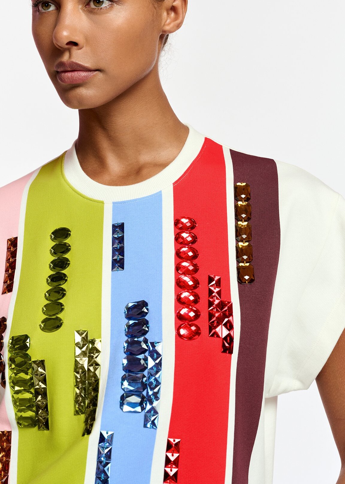 Multicolor striped short-sleeved sweatshirt with rhinestone embellishments RE—SSENTIEL | Essentiel second hand