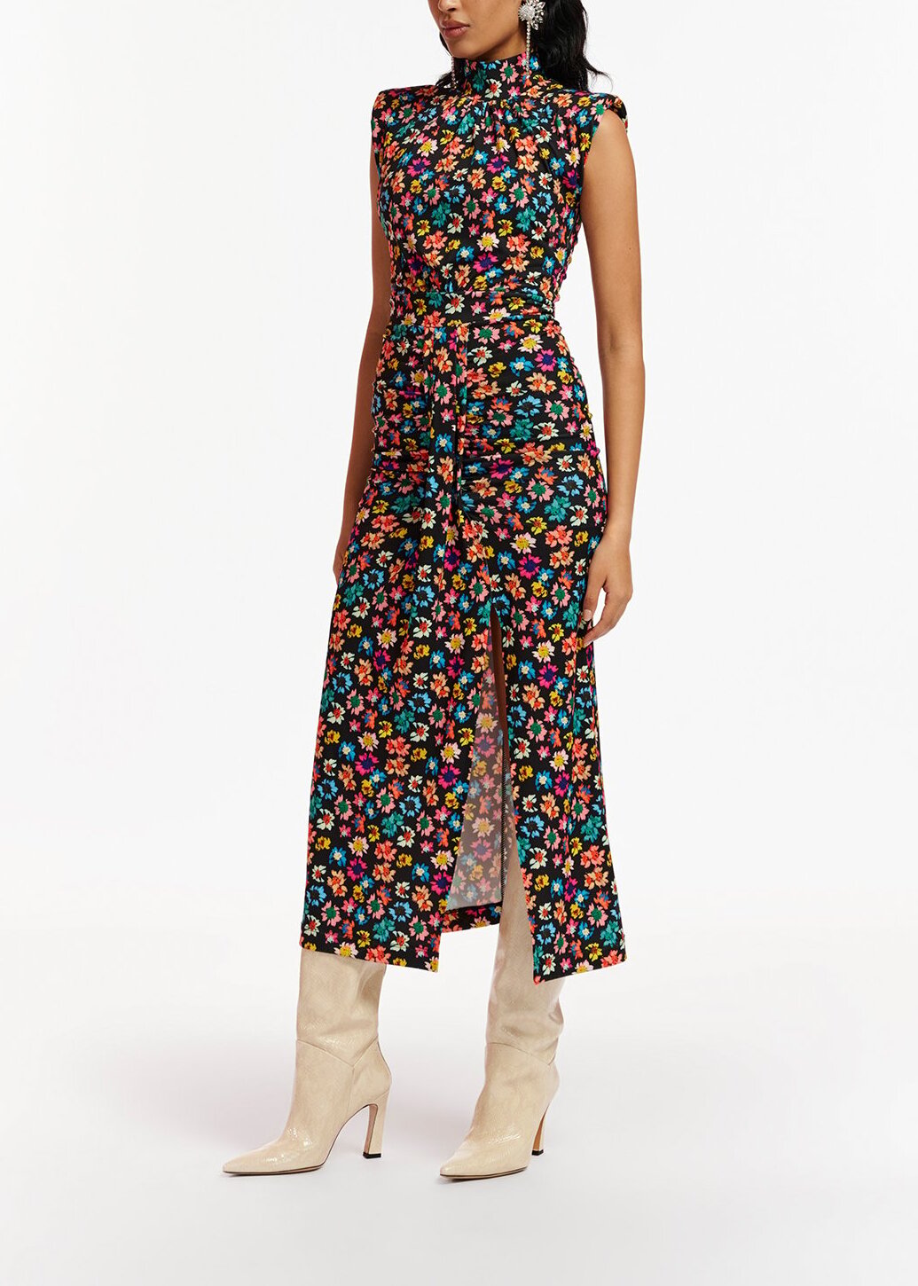 Robe midi en jersey stretch noir à  imprimé fleuri RE—SSENTIEL | Essentiel second hand