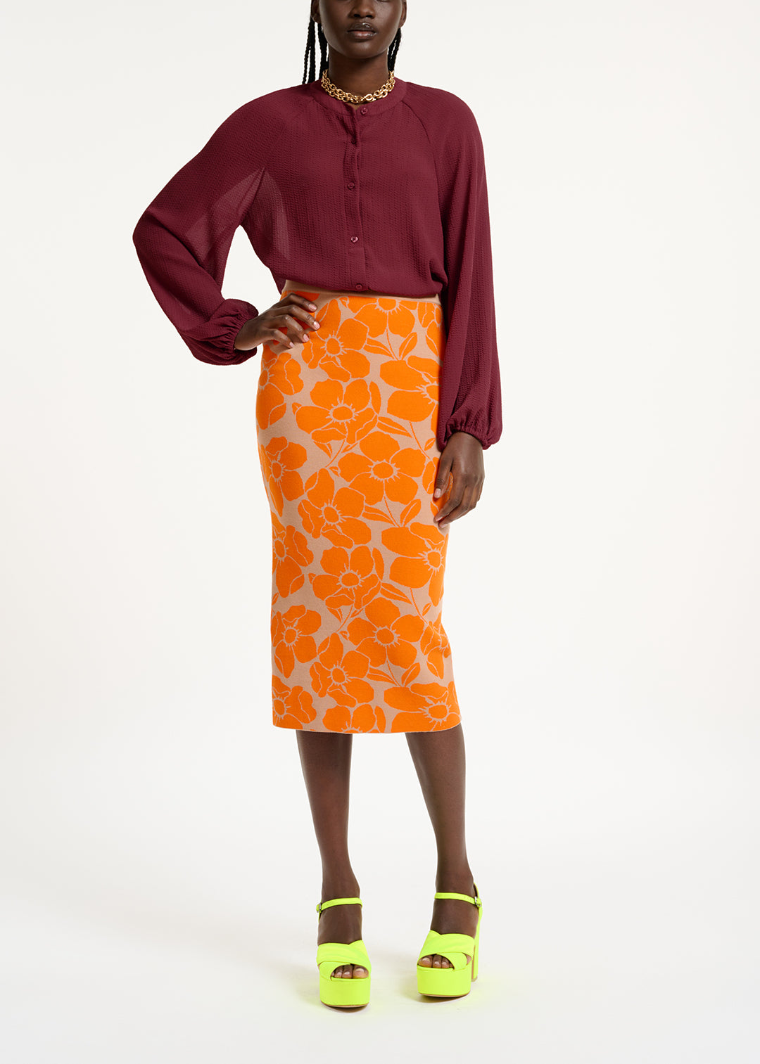 Beige and orange floral jacquard-knit midi skirt RE—SSENTIEL | Essentiel second hand