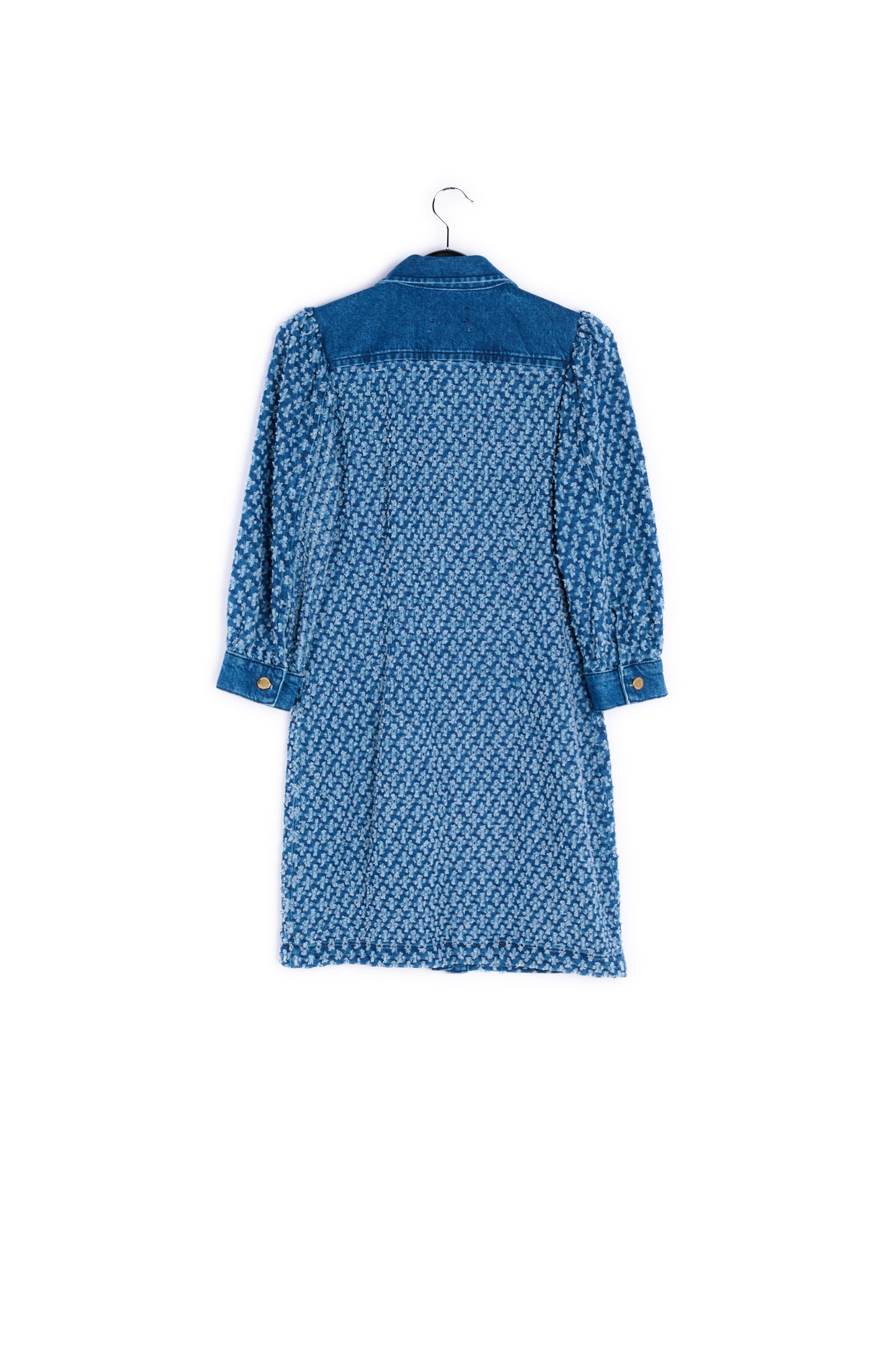 Dark blue perforated denim puffed sleeves mini dress RE—SSENTIEL | Essentiel second hand