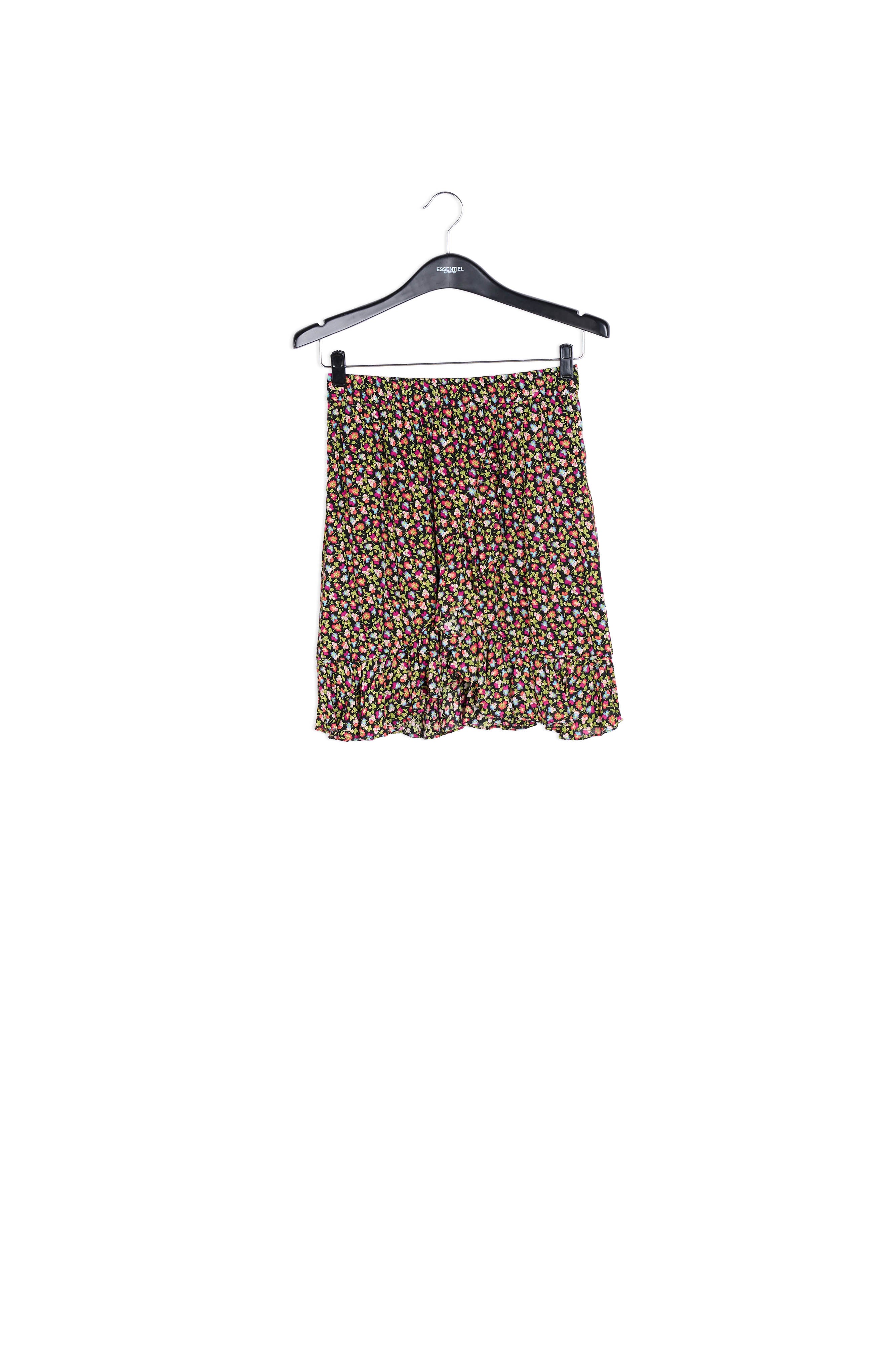 Mini-wikkelrok met zwarte, lichtgroene en fuchsia bloemenprint RE—SSENTIEL | Essentiel second hand